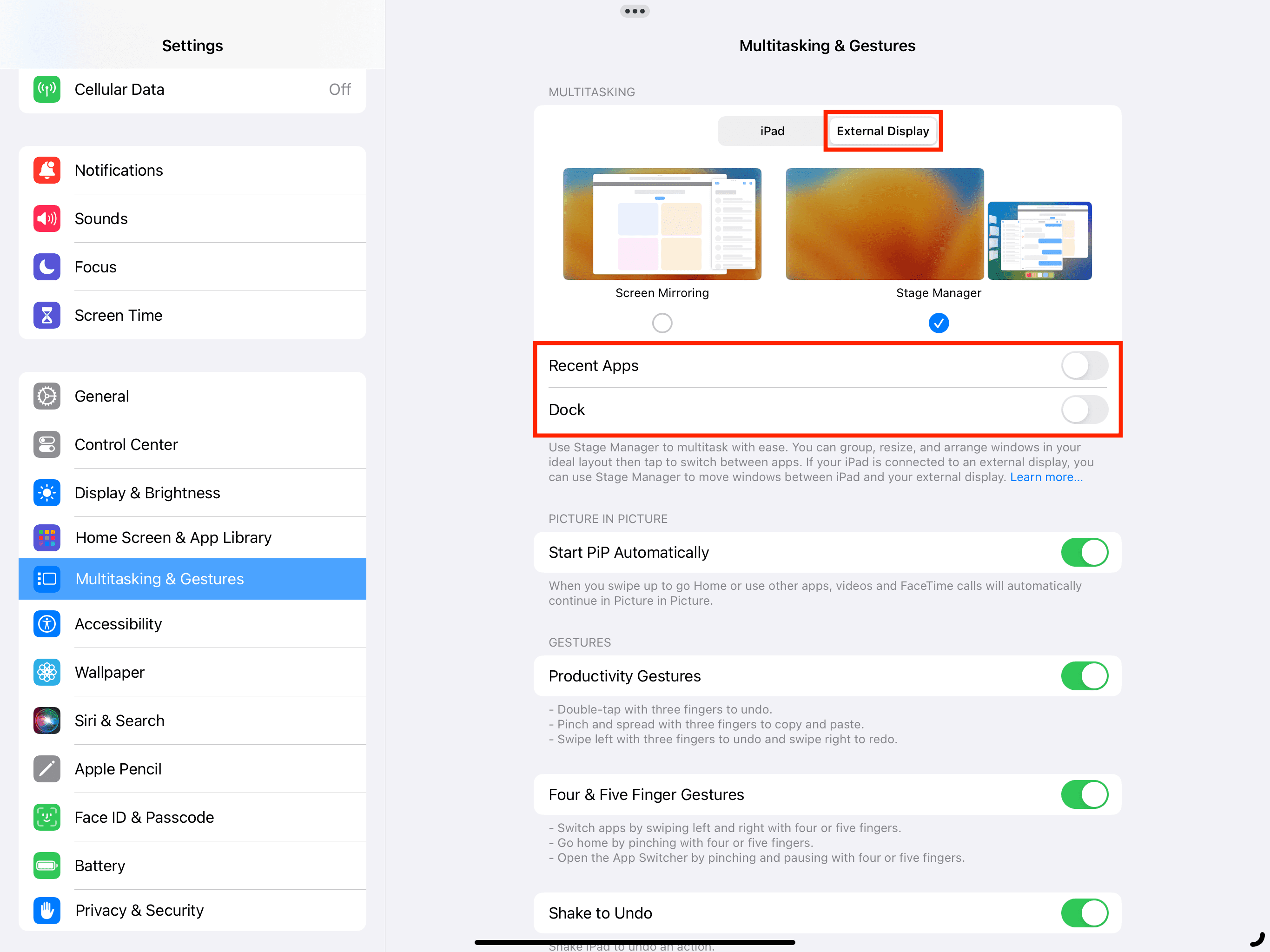 Turn off Recent Apps and Dock from external display connected to iPad