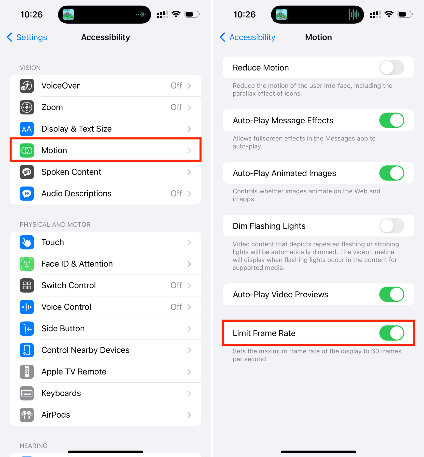 Turn on Limit Frame Rate in iPhone Motion settings to switch off 120Hz refresh rate