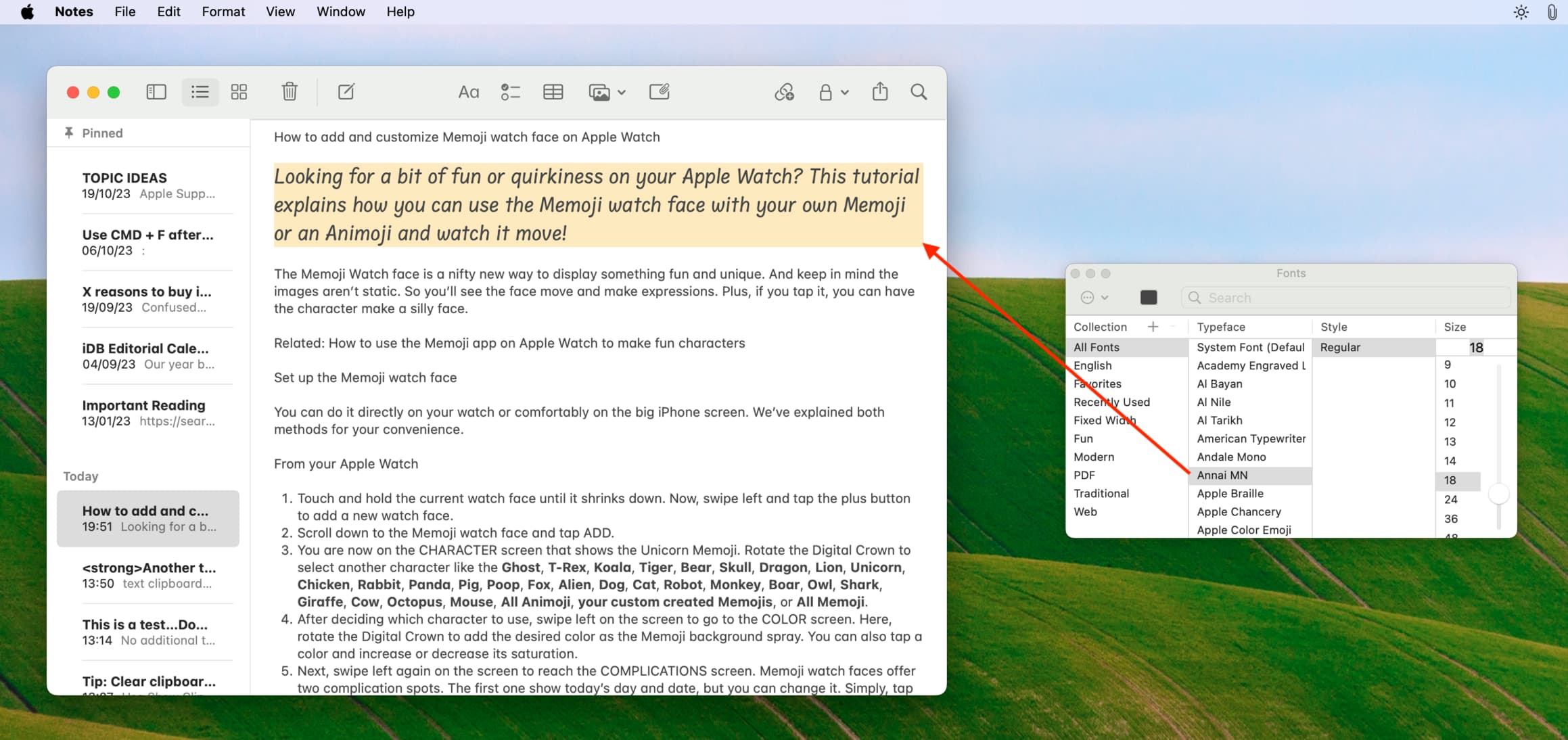 Using different fonts in Notes app on Mac
