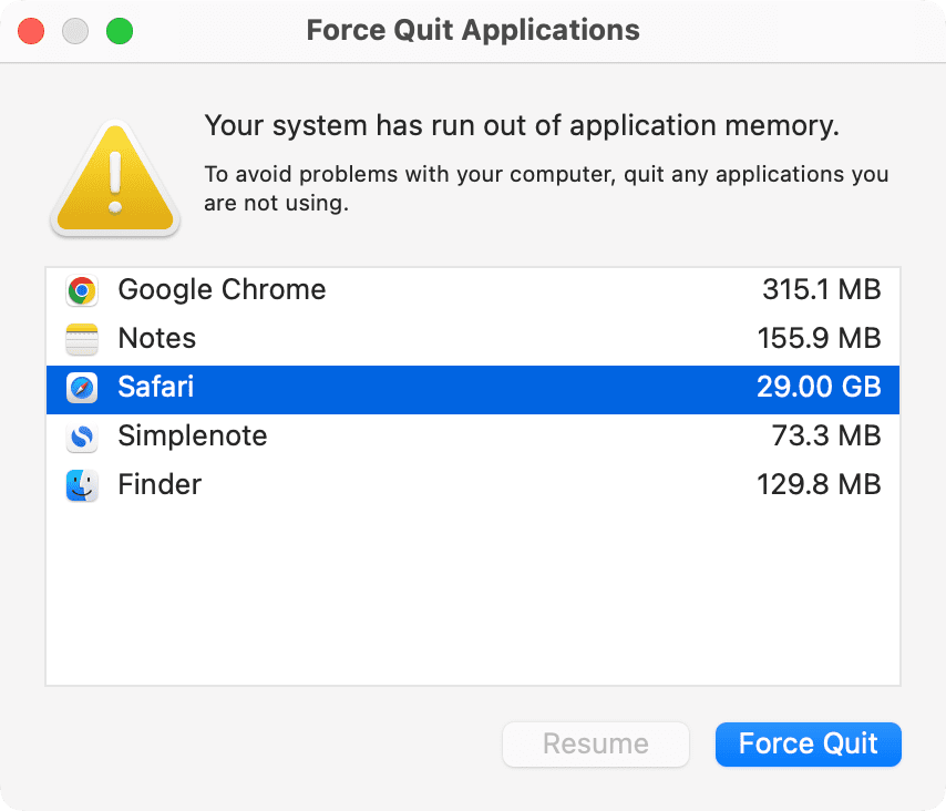 Your system has run out of application memory alert on Mac