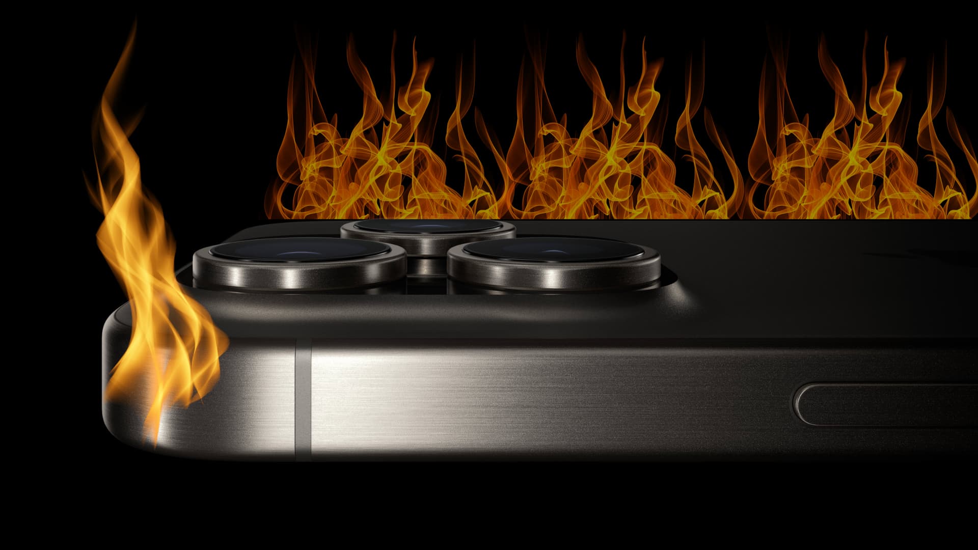 iPhone 15 Pro Max with flames to illustrate its overheating problem