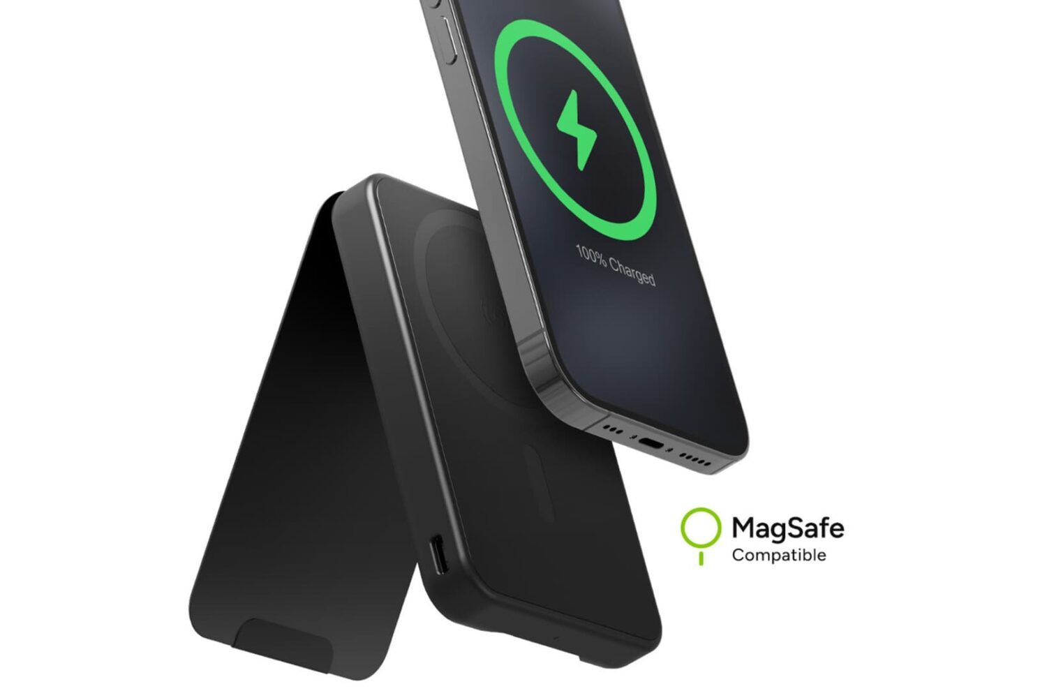 mophie snap+ juice pack mini with stand and iPhone in frame.