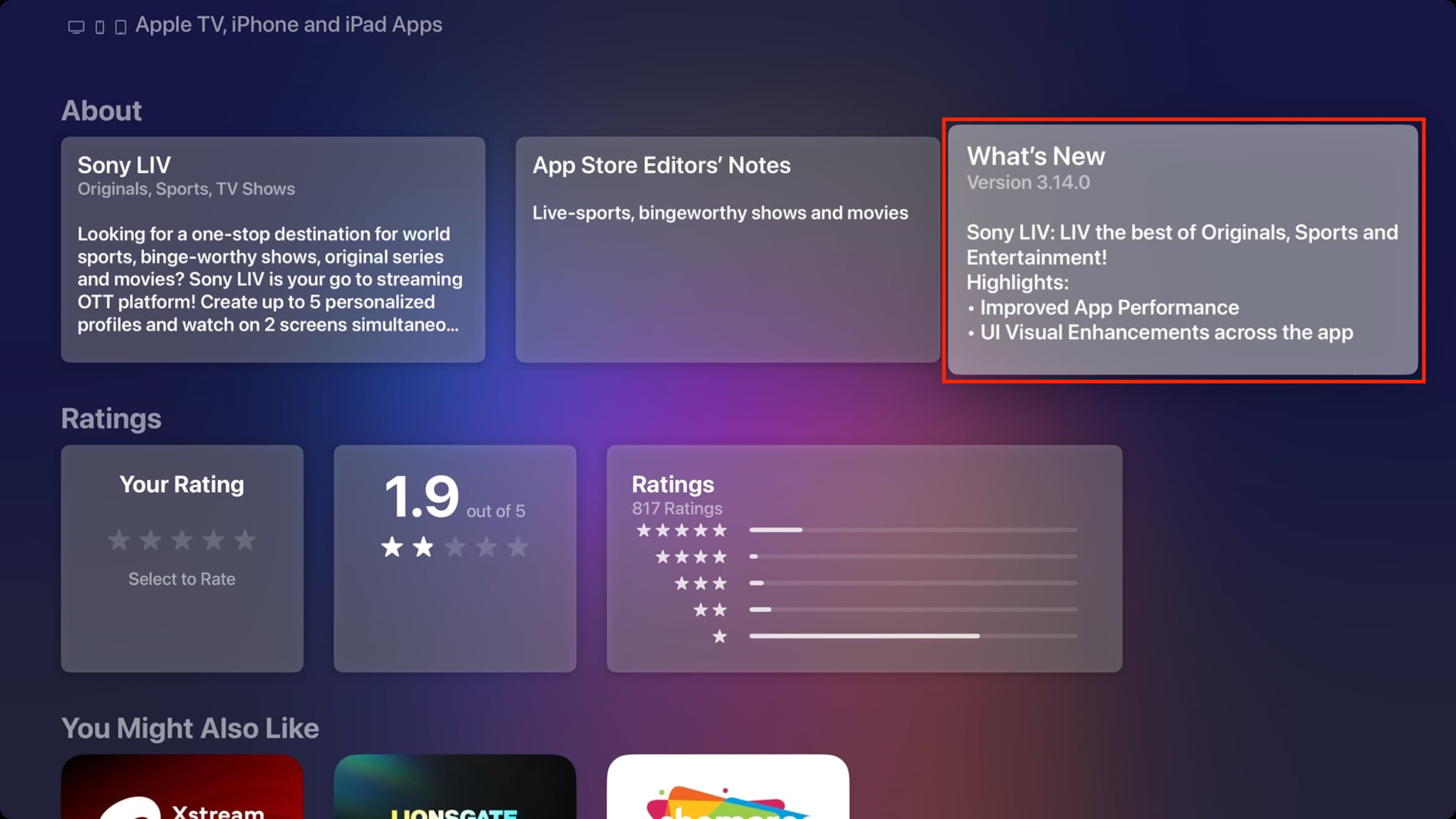 About and What is New section for an app on Apple TV Store