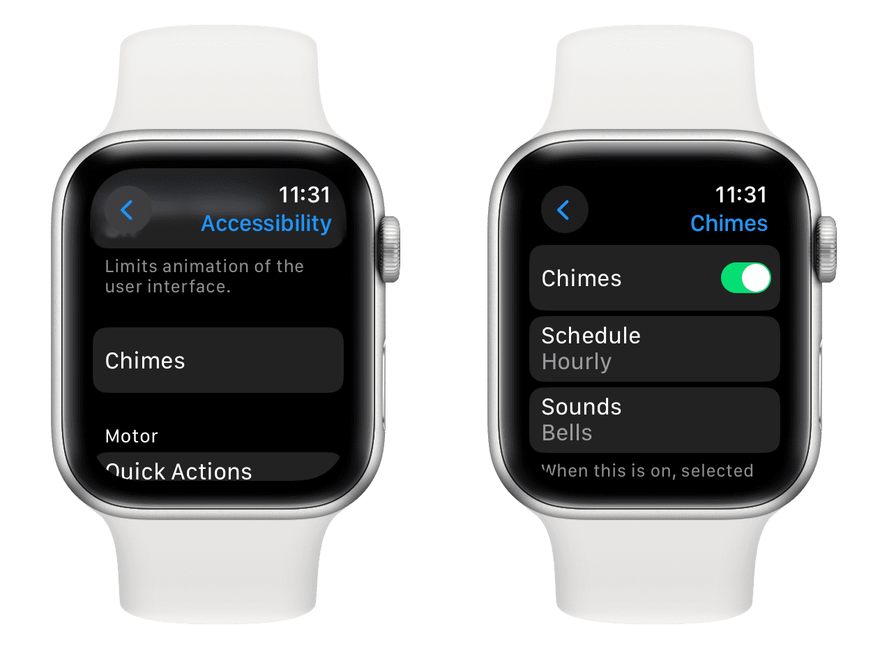 Activate Chimes in Apple Watch accessibility settings