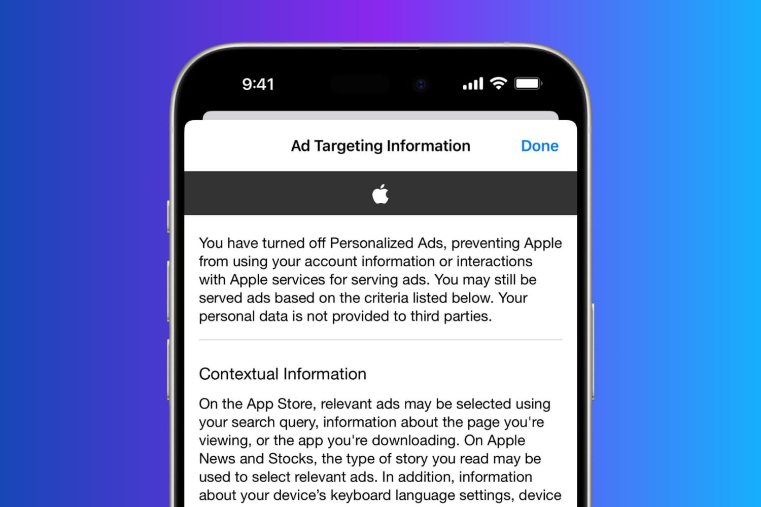 Apple Ad Targeting Information page on iPhone