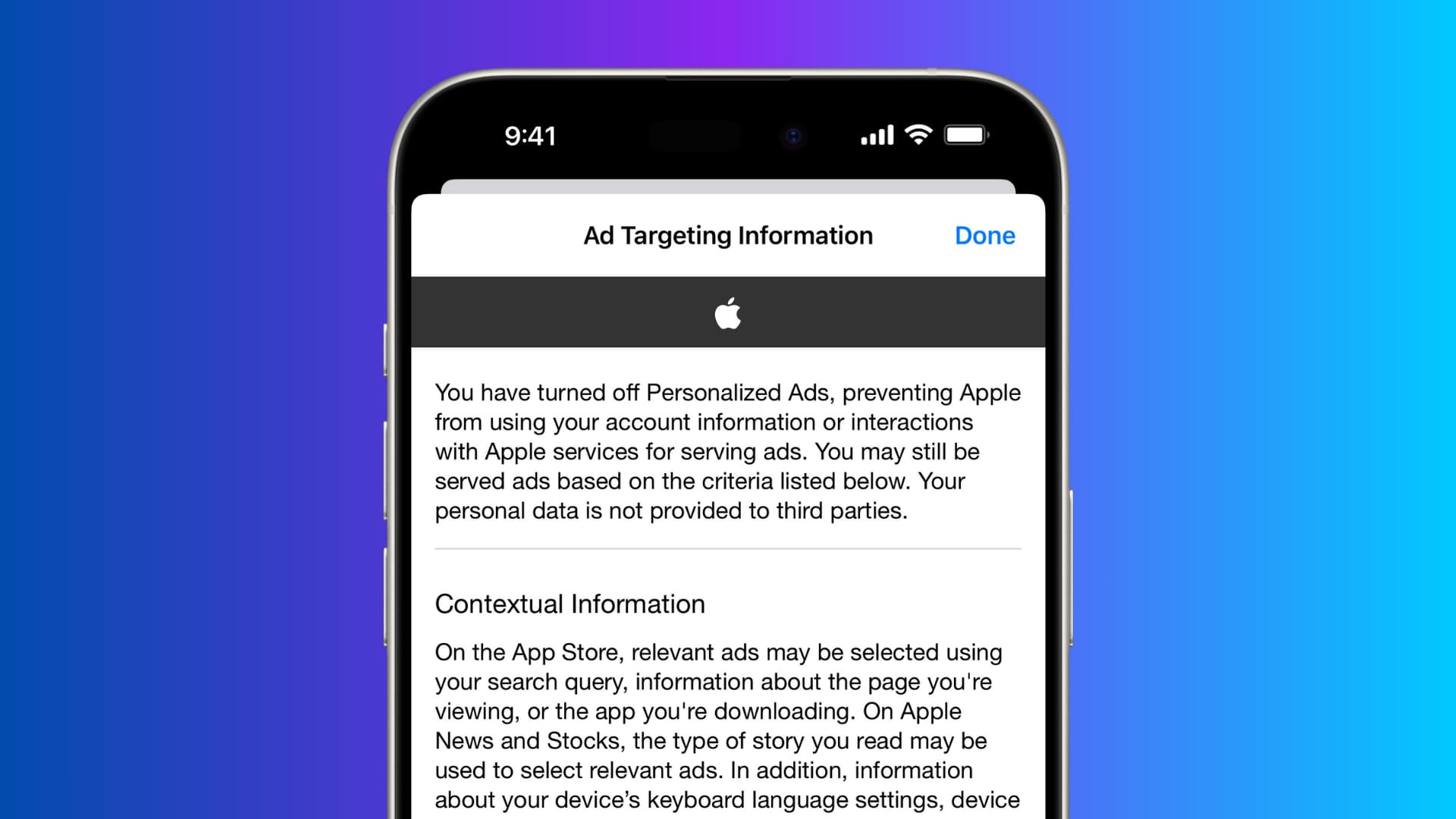 Apple Ad Targeting Information page on iPhone