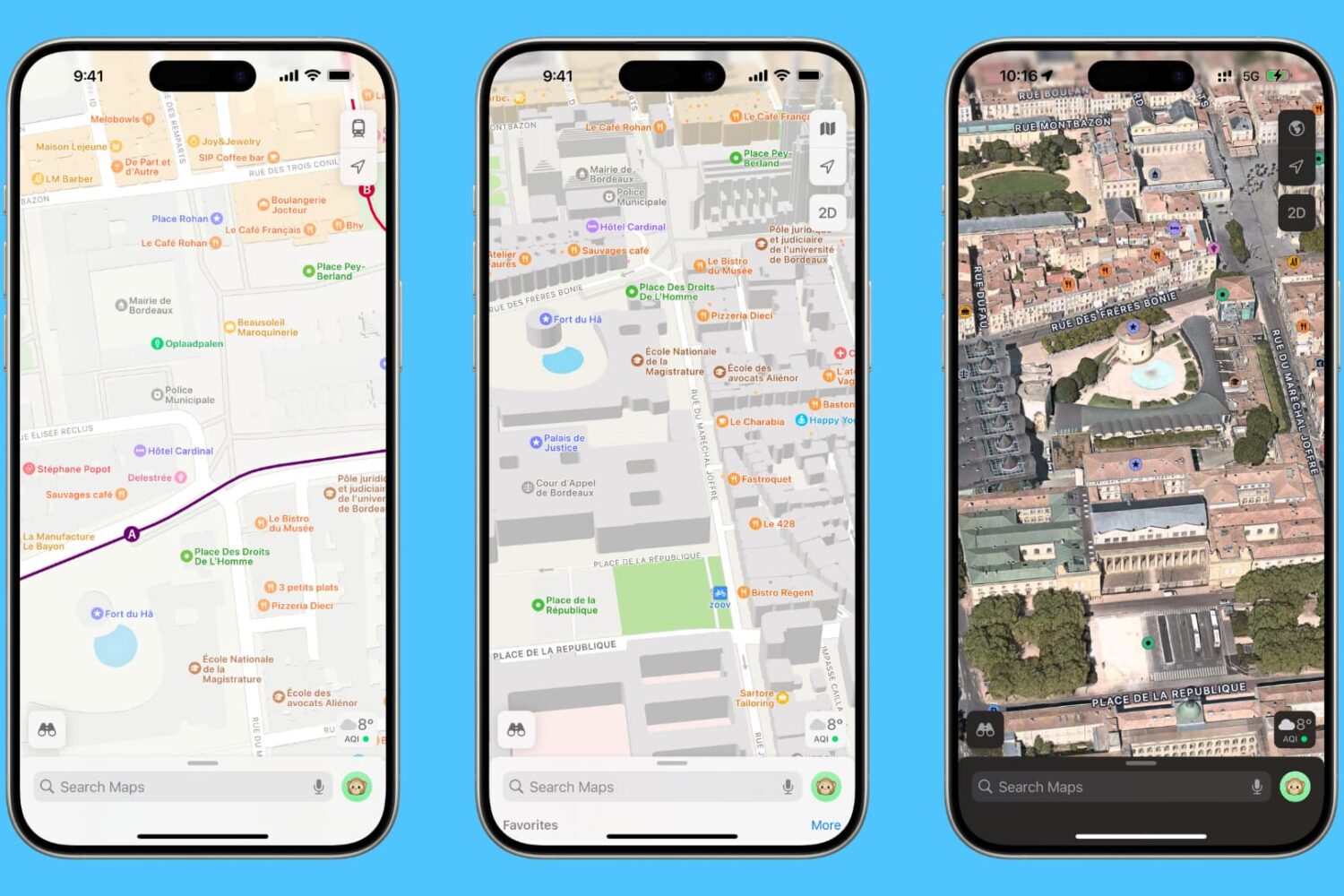Three iPhone mockups showing Apple Maps app in three different styles