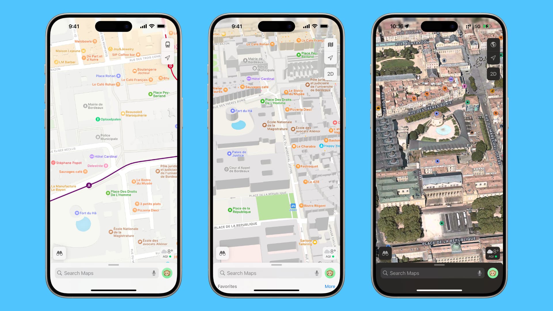 Three iPhone mockups showing Apple Maps app in three different styles