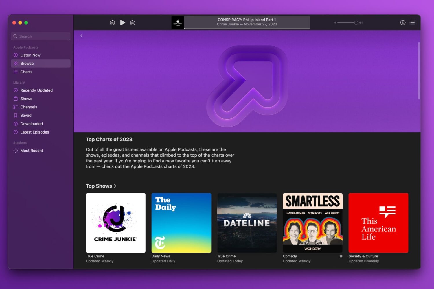 The Apple Podcasts Mac app showcasing the 2023 charts