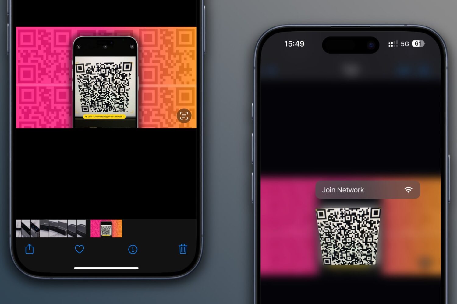 Scanning QR code from an image in the iPhone's Photos app to join a Wi-Fi network