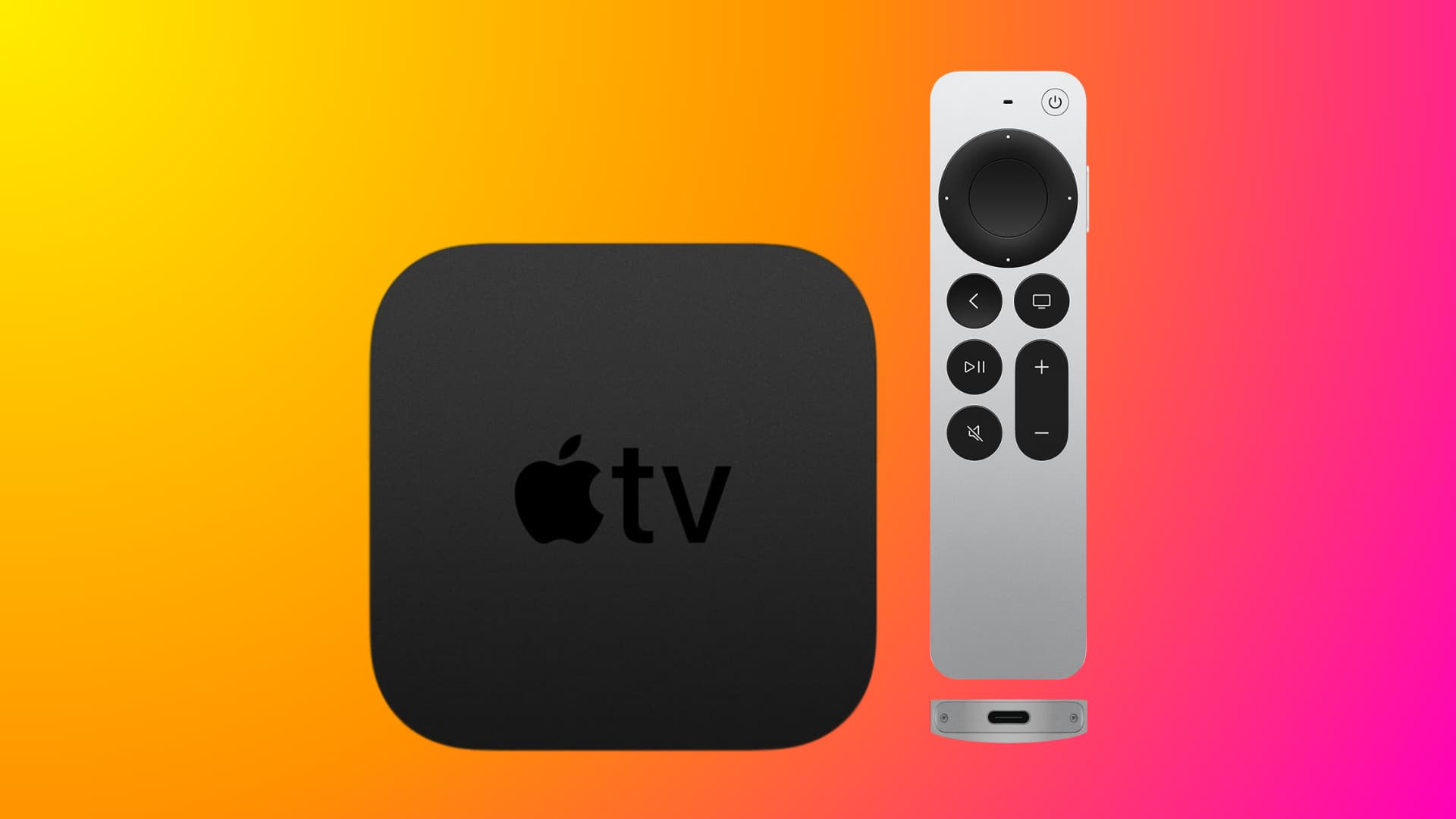 Apple TV and Siri Remote on a red yellow gradient background