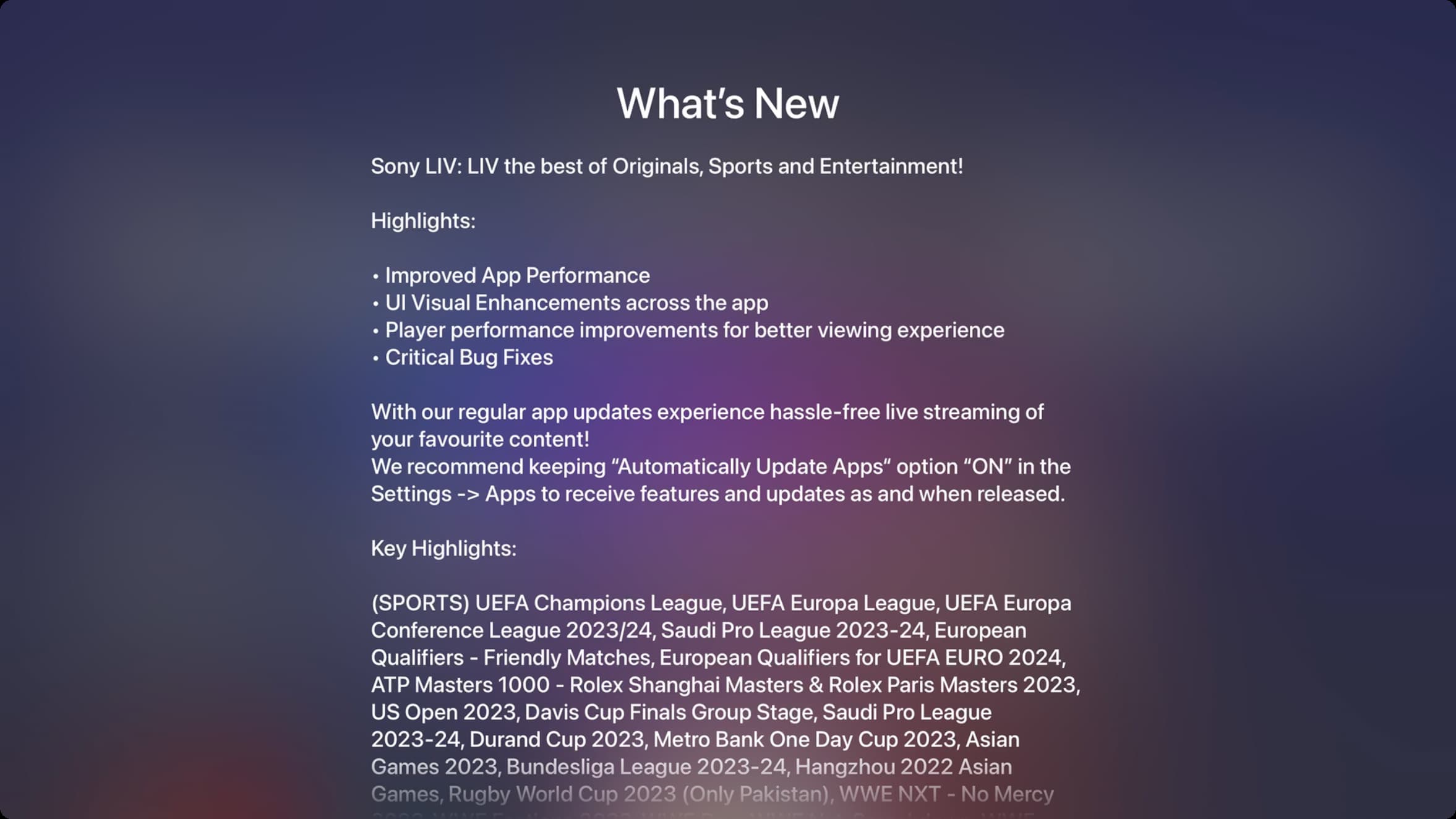 Apple TV app update changelog on full screen