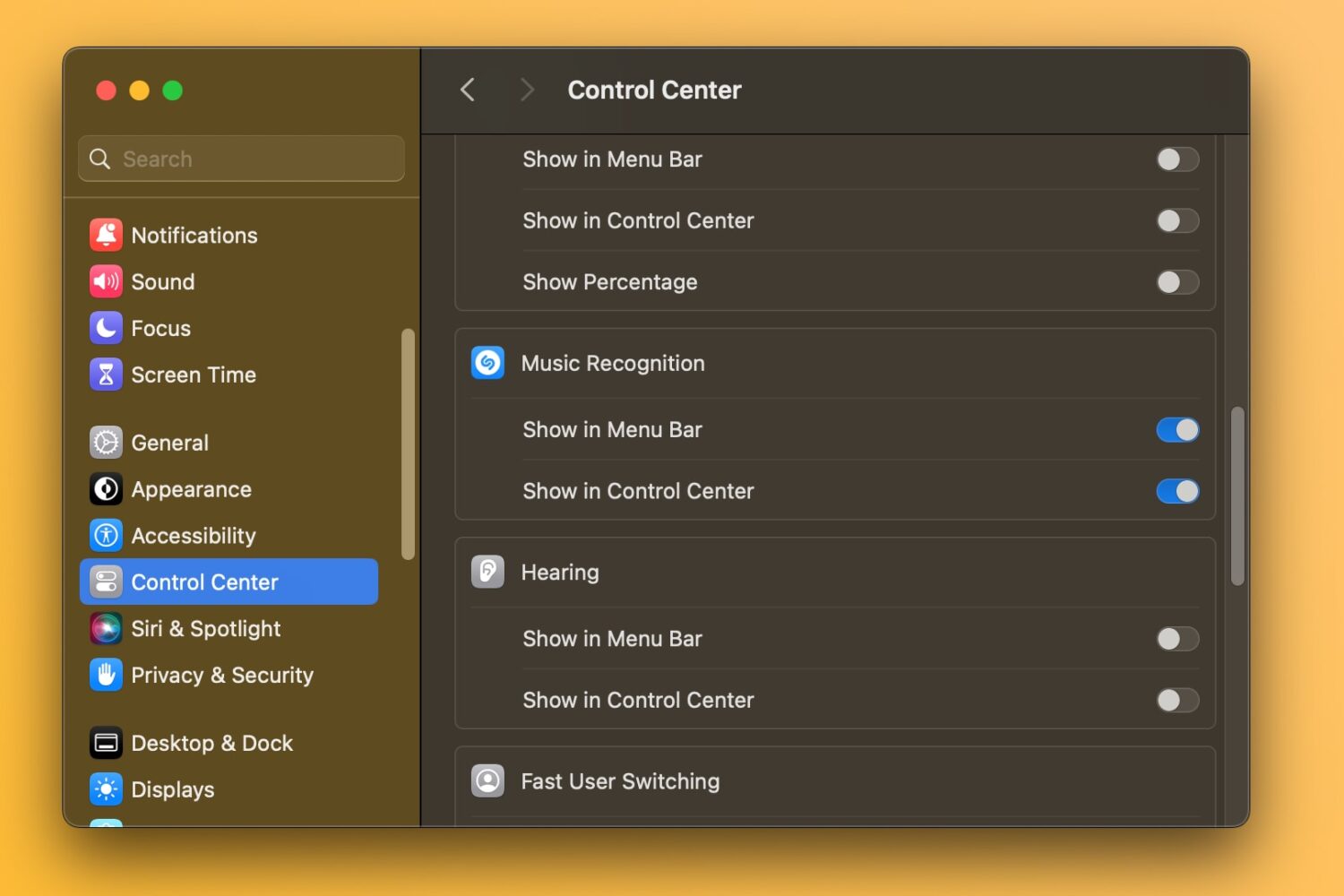 The Mac's System Settings app showing Music Recognition enabled for the menu bar and Control Center