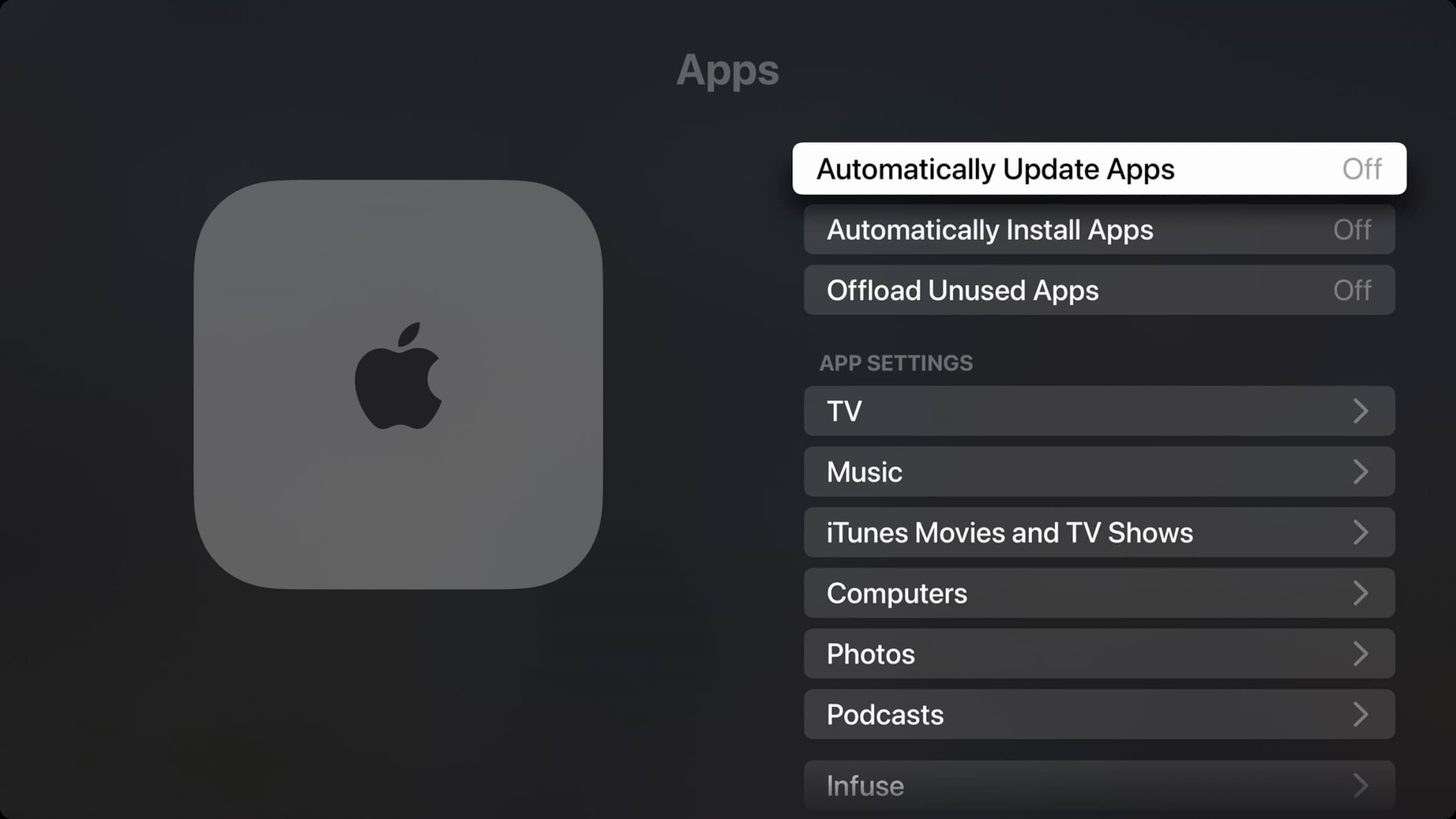 Automatically Update Apps turned off on Apple TV