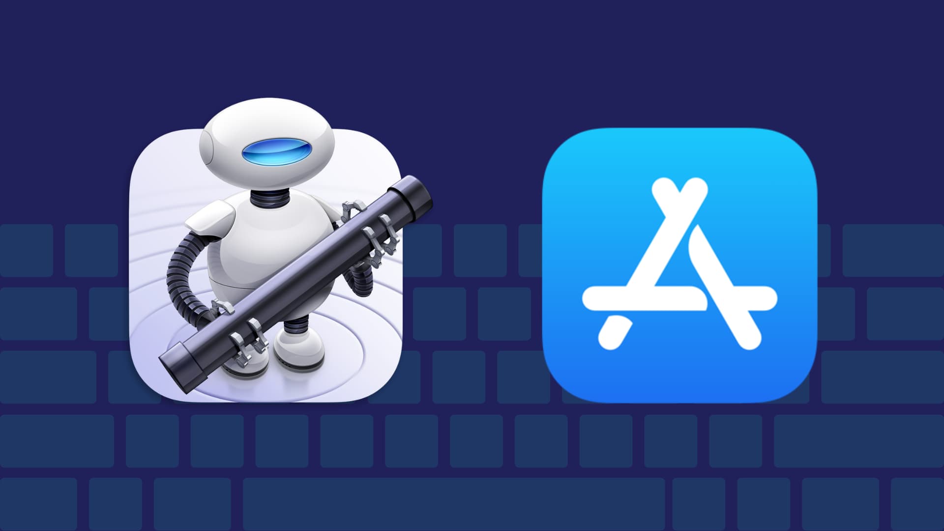 Automator and App Store icons with a keyboard in the background