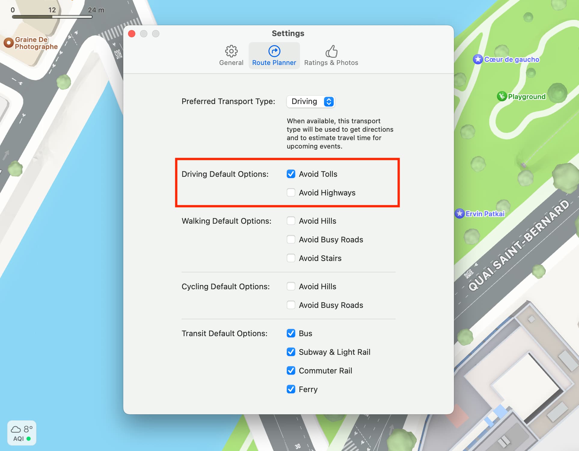 Avoid Tolls and Avoid Highways in Apple Maps settings on Mac