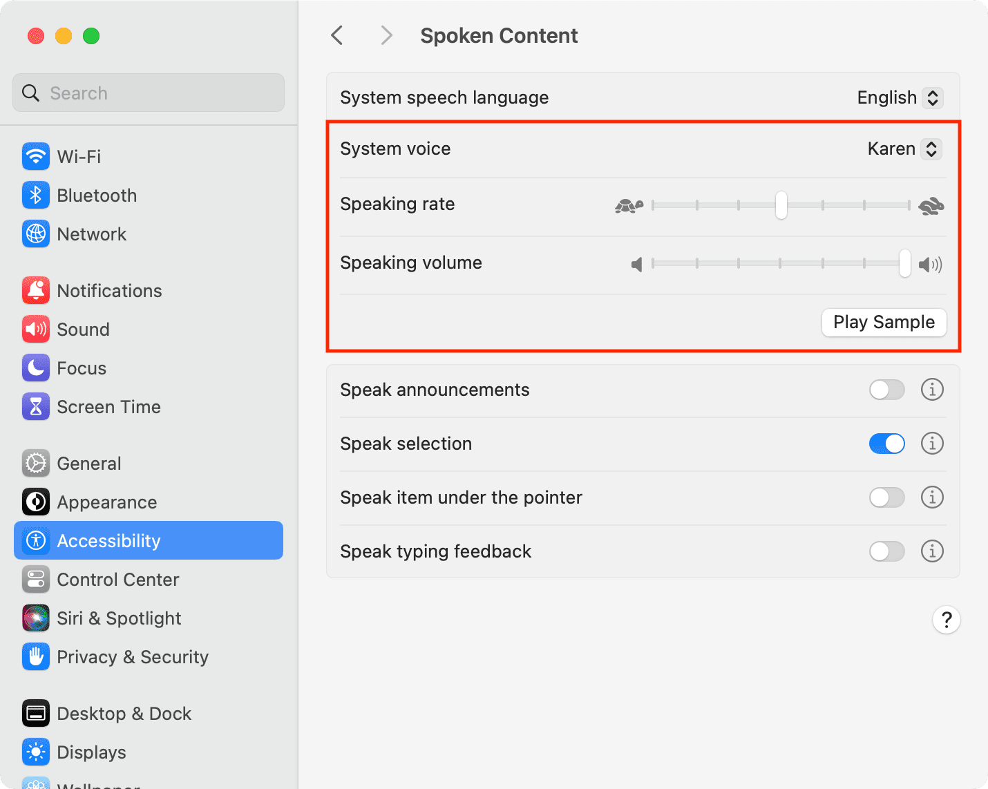 Change Speak selection system voice and speaking rate on Mac