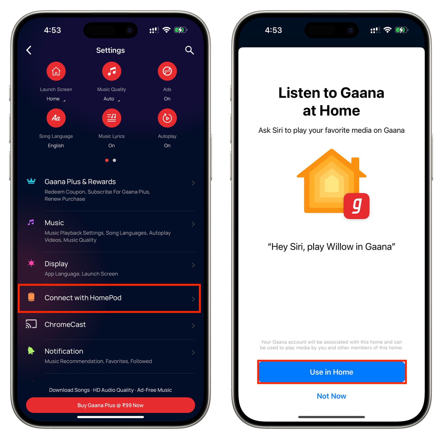 Connect with HomePod option in Gaana app on iPhone