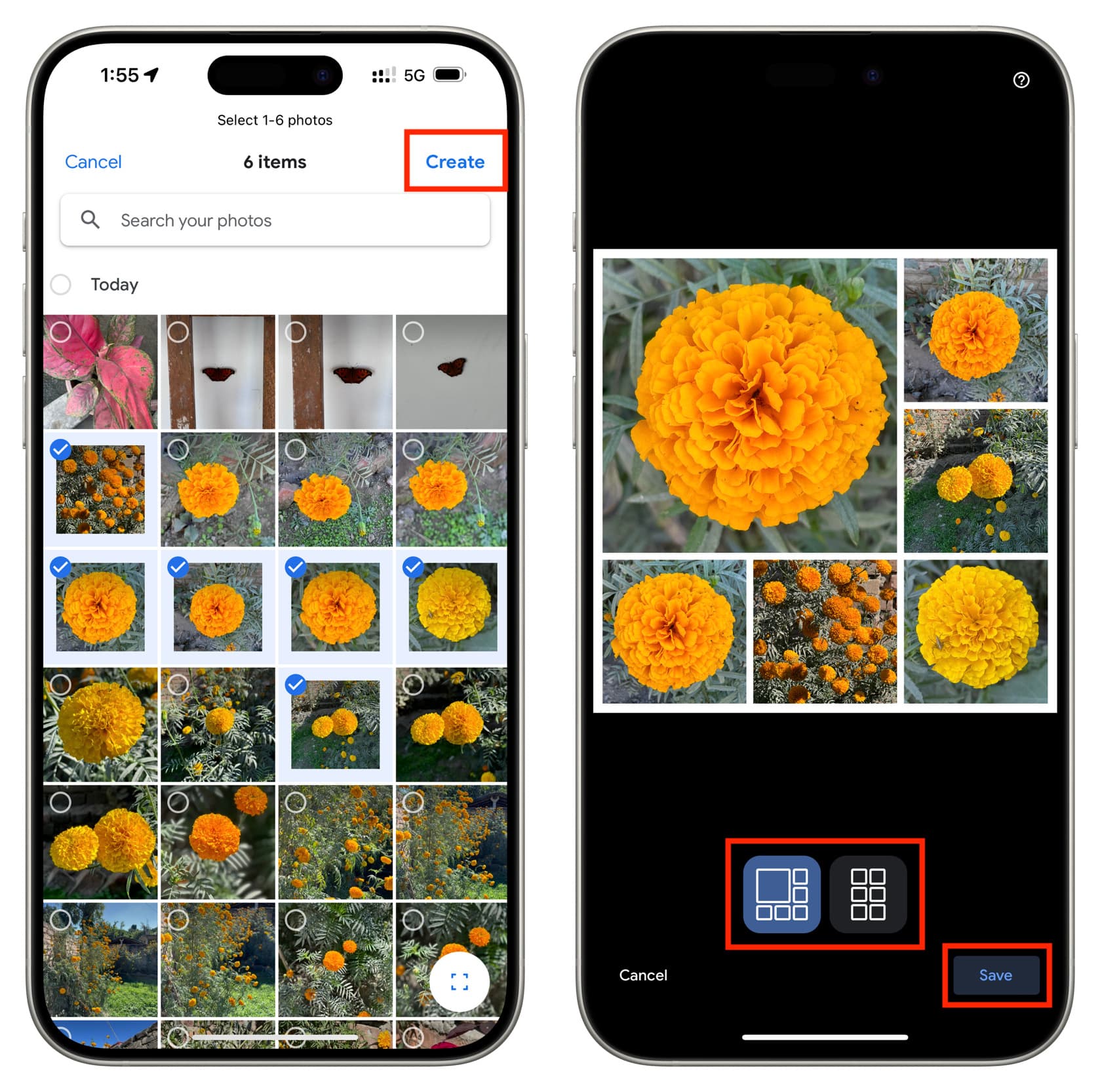 Create collage and pick a style in Google Photos app on iPhone