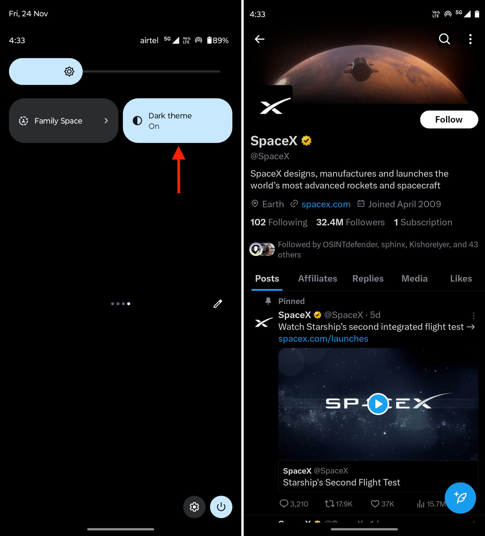 Dark theme on Android to activate Dark Mode in X app