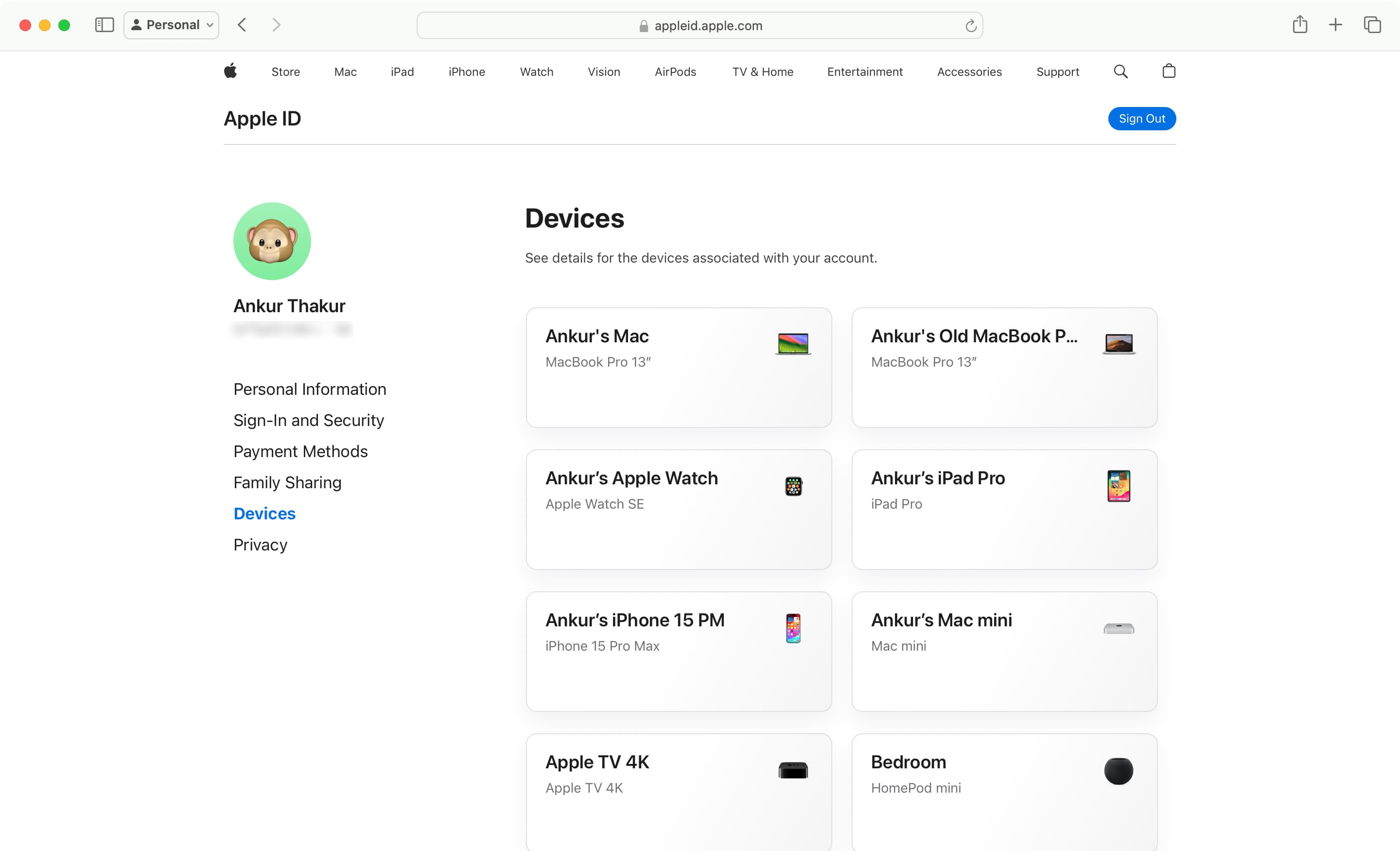 Devices section on Apple ID page
