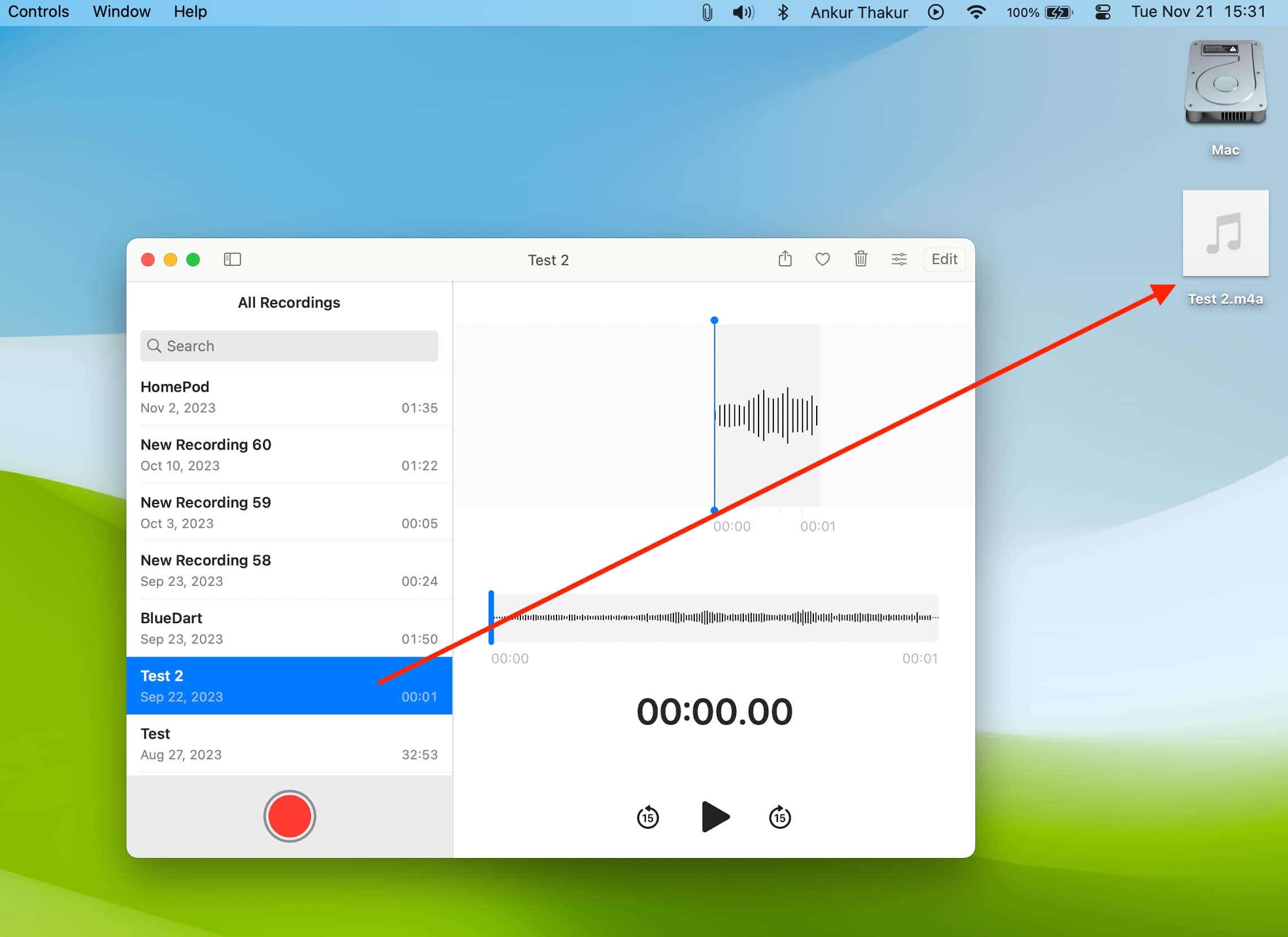 Drag voice recording from Voice Memos to desktop on Mac