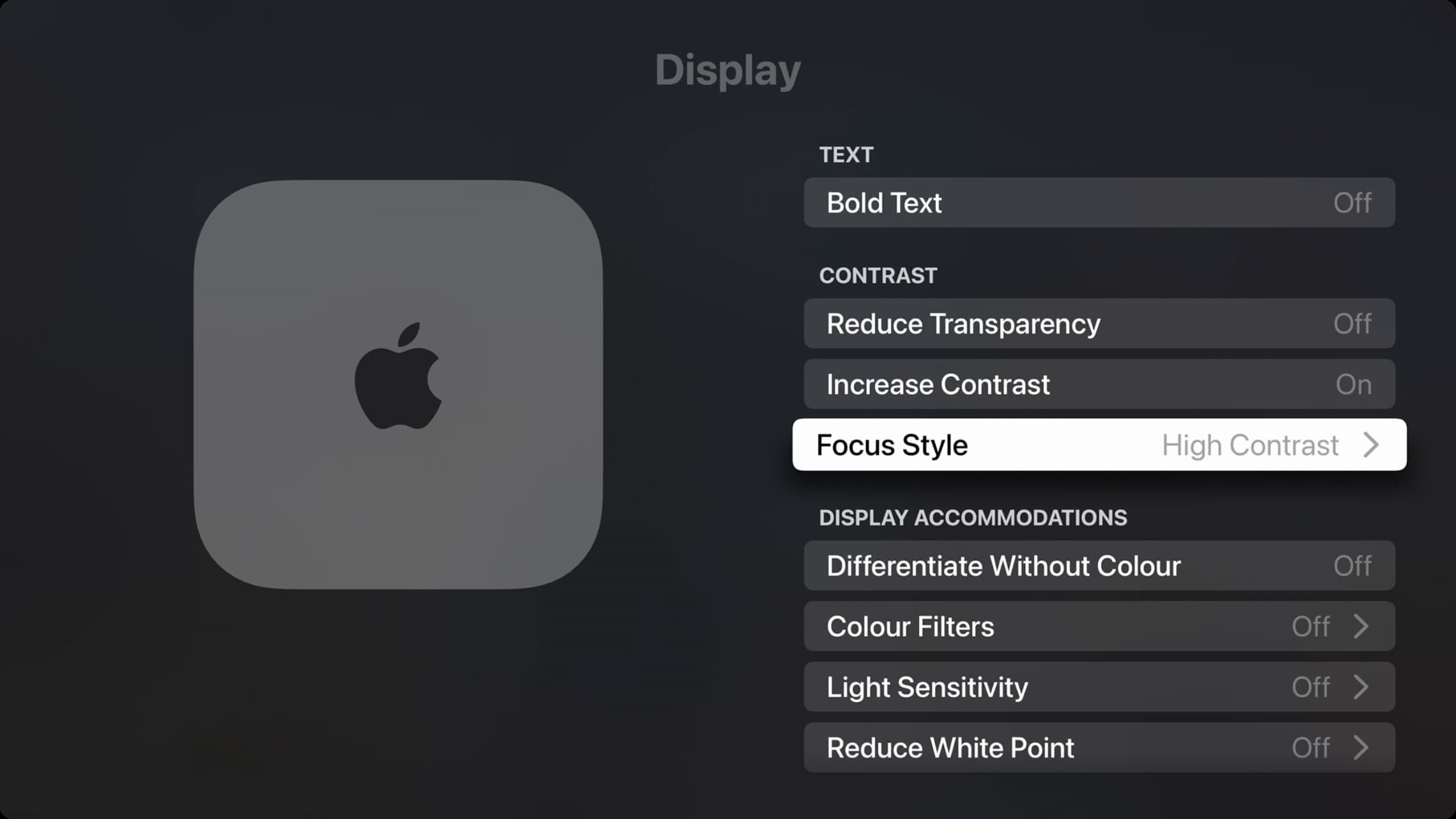 Focus Style set to High Contrast in Apple TV settings