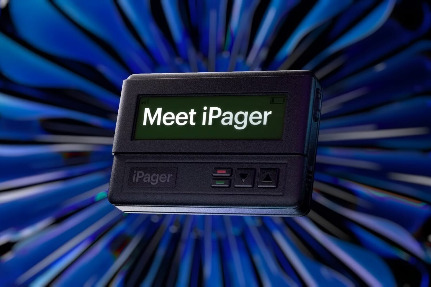 Scene from Google's RCS iMessage ad with a last-century pager-like device displaying the words "Meet iPager" on its crude dot-matrix display