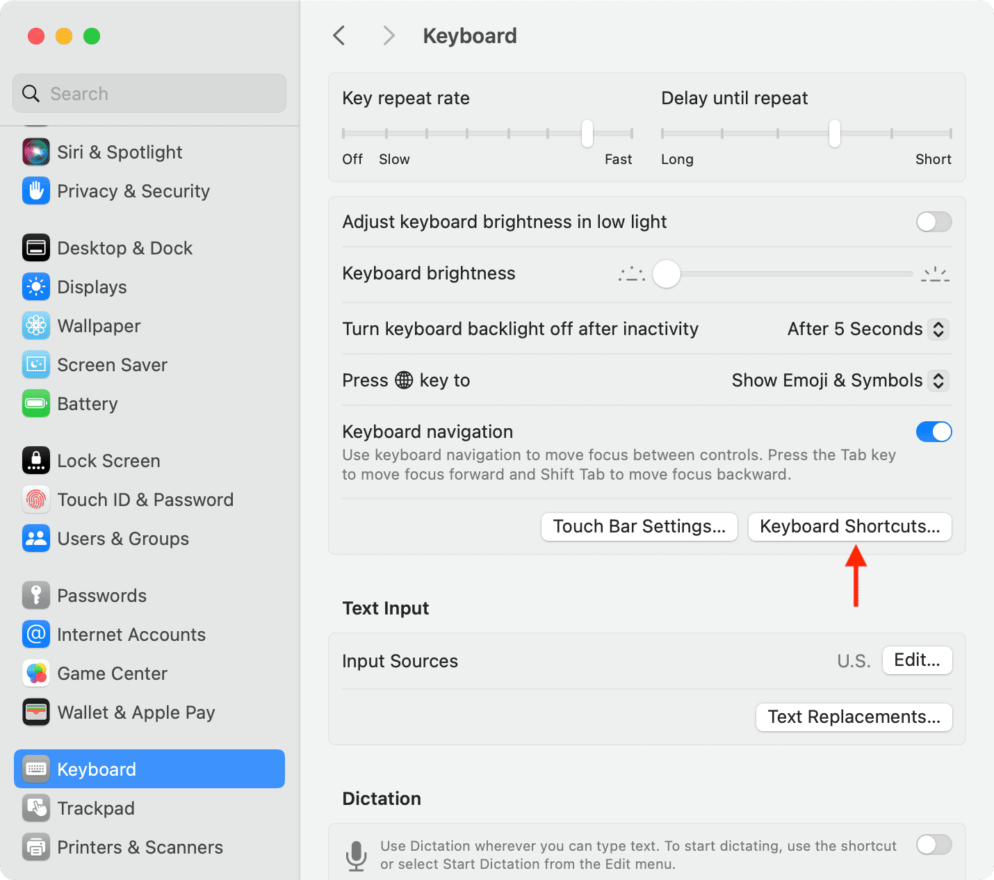 Keyboard Shortcuts in System Settings on Mac