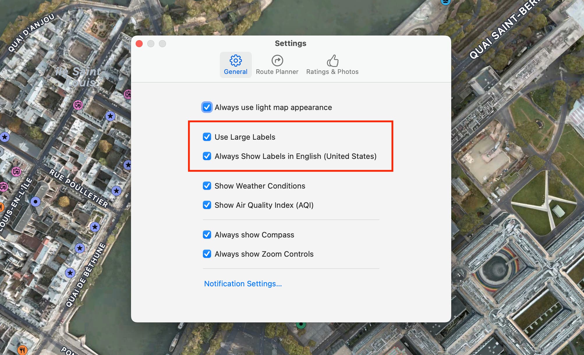 Labels in Apple Maps on Mac