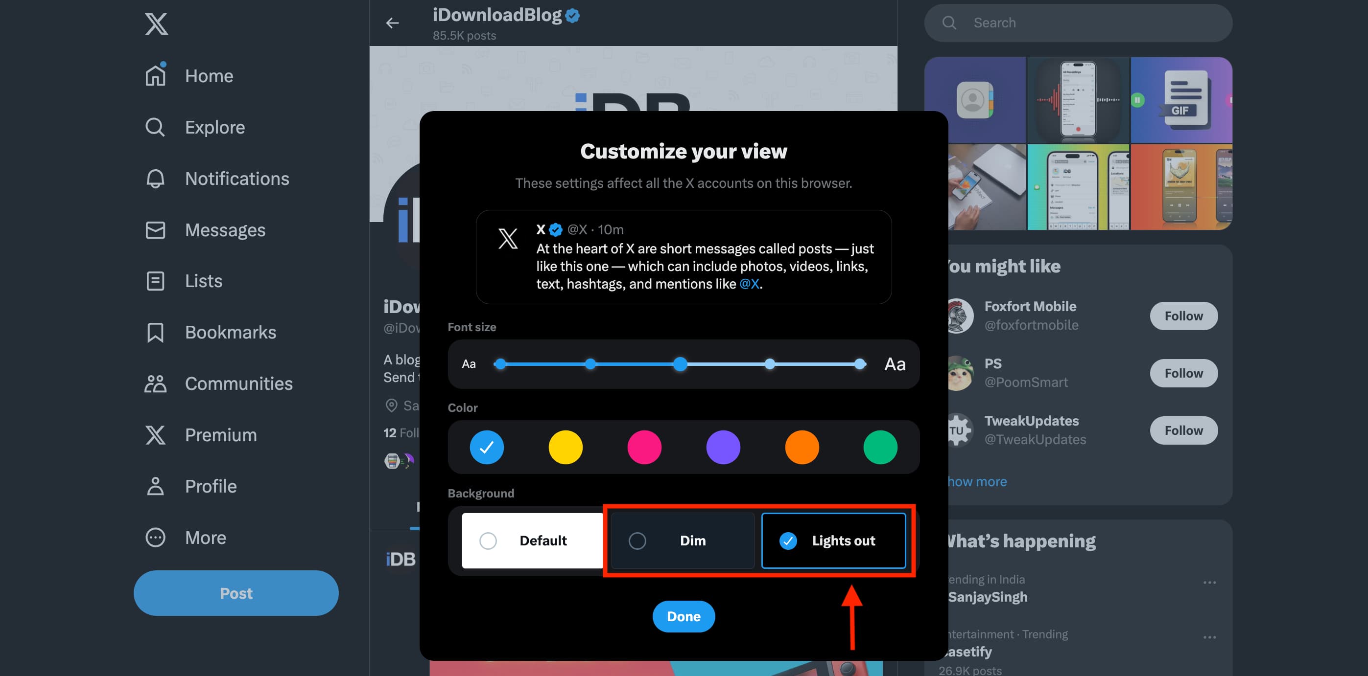 Lights out and Dim background settings for Twitter in Chrome web browser