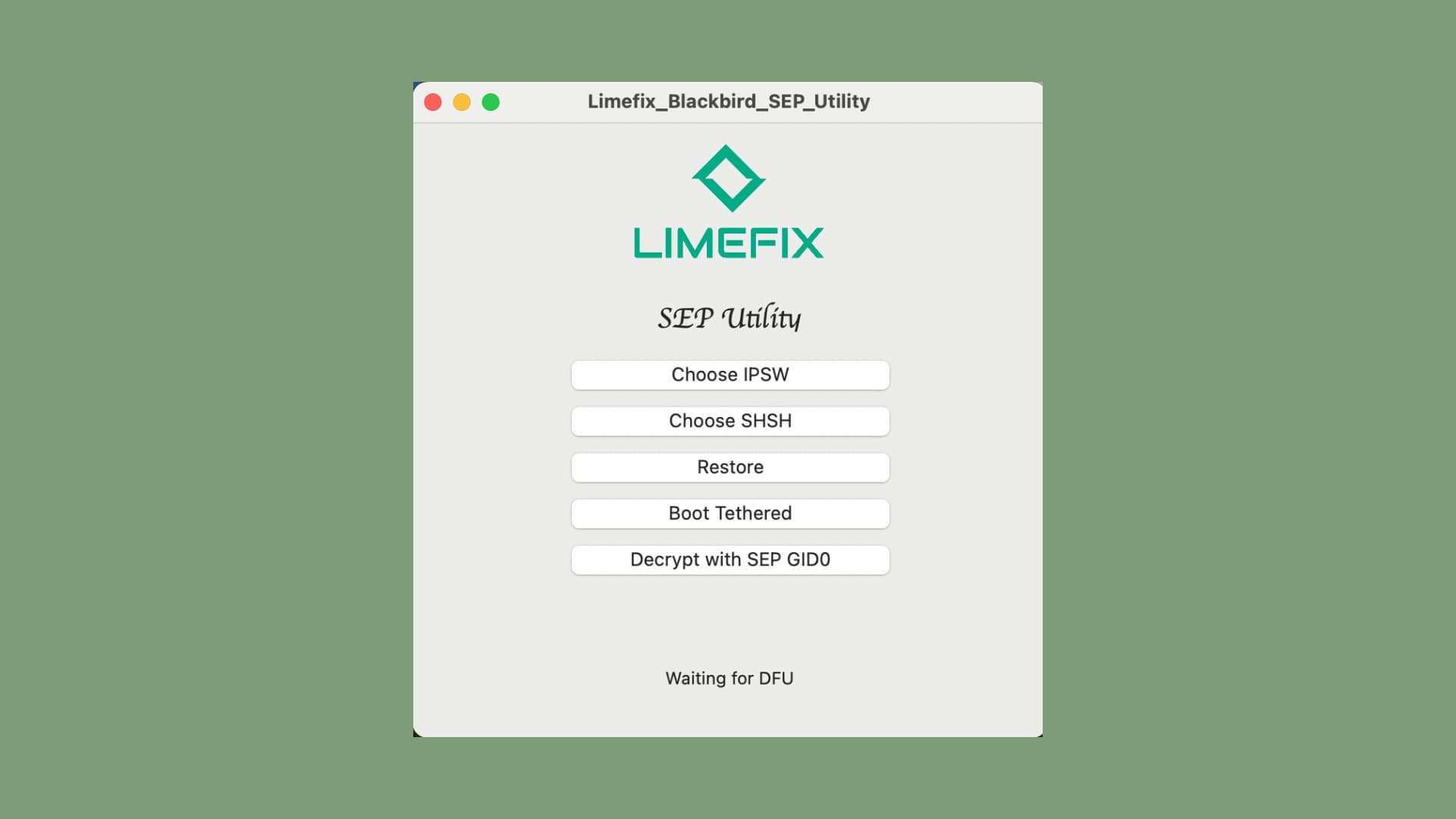 واجهة مستخدم Limefix Blackbird SEP Utility على نظام التشغيل macOS.