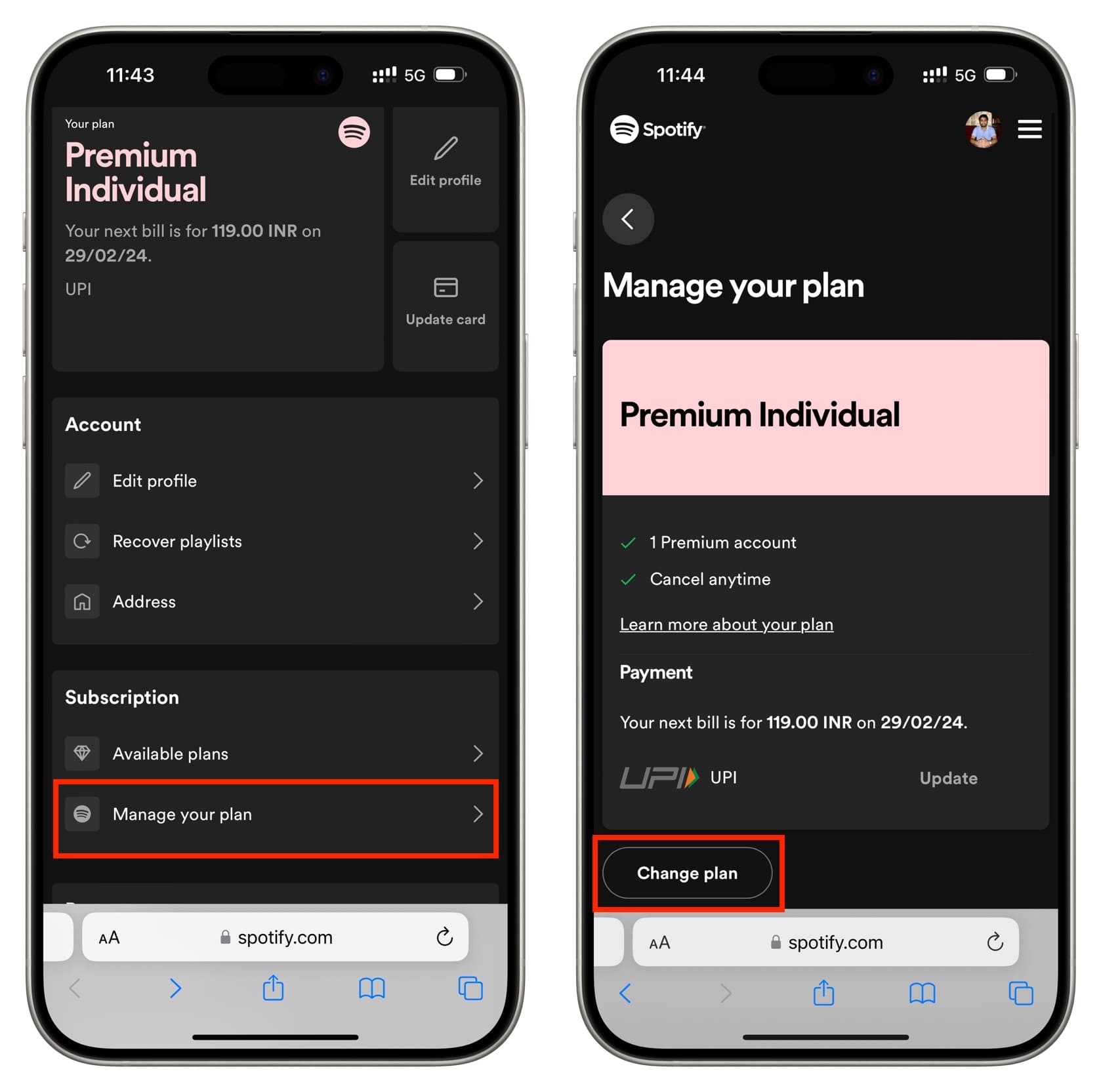 Manage your plan and choose Change plan on Spotify on iPhone