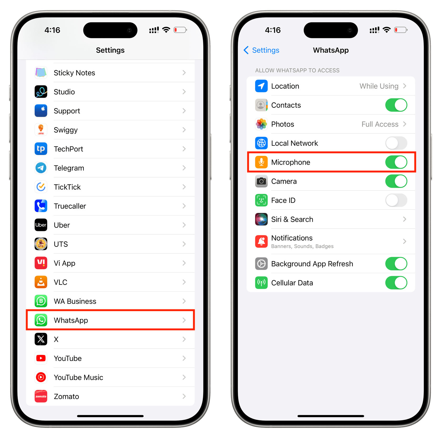 Microphone option for WhatsApp in iPhone Settings