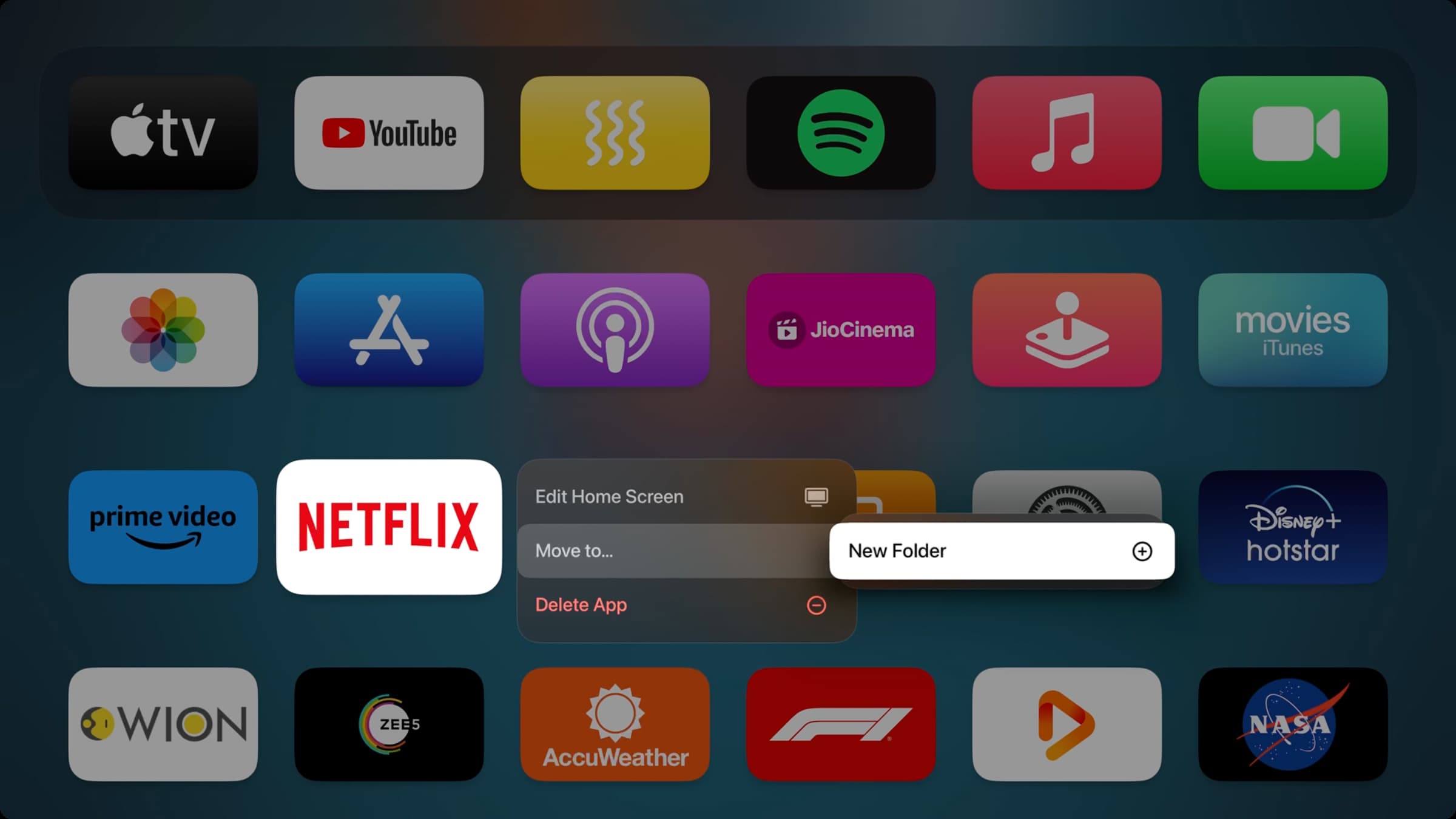 Move app to New Folder on Apple TV