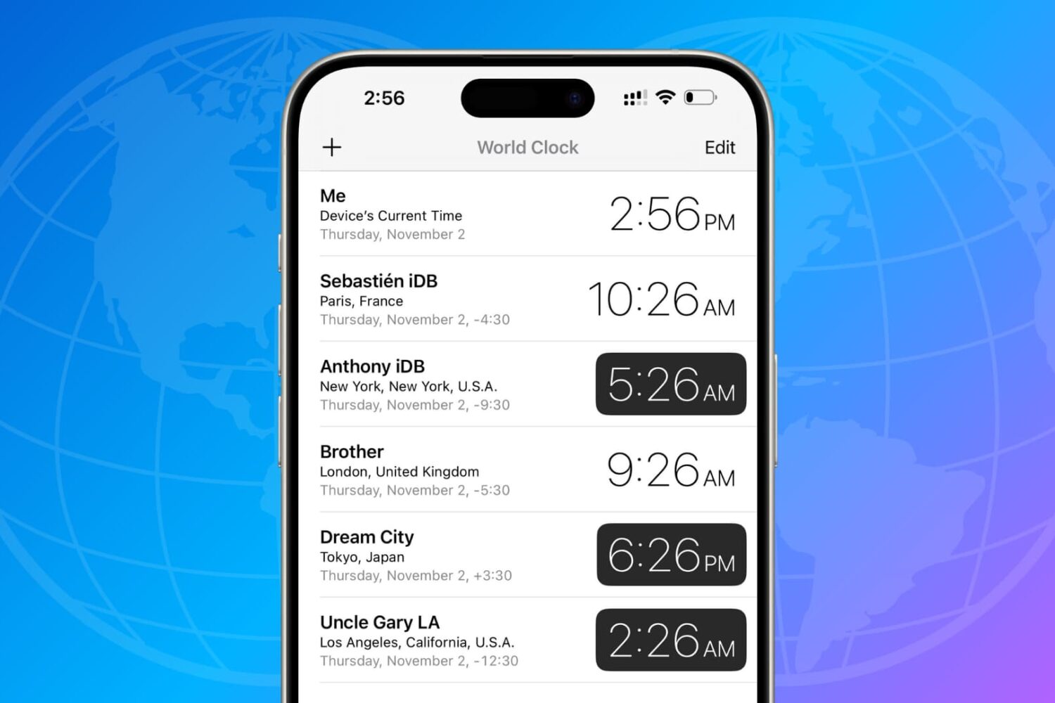 Personalized World Clock on iPhone showing time in different cities