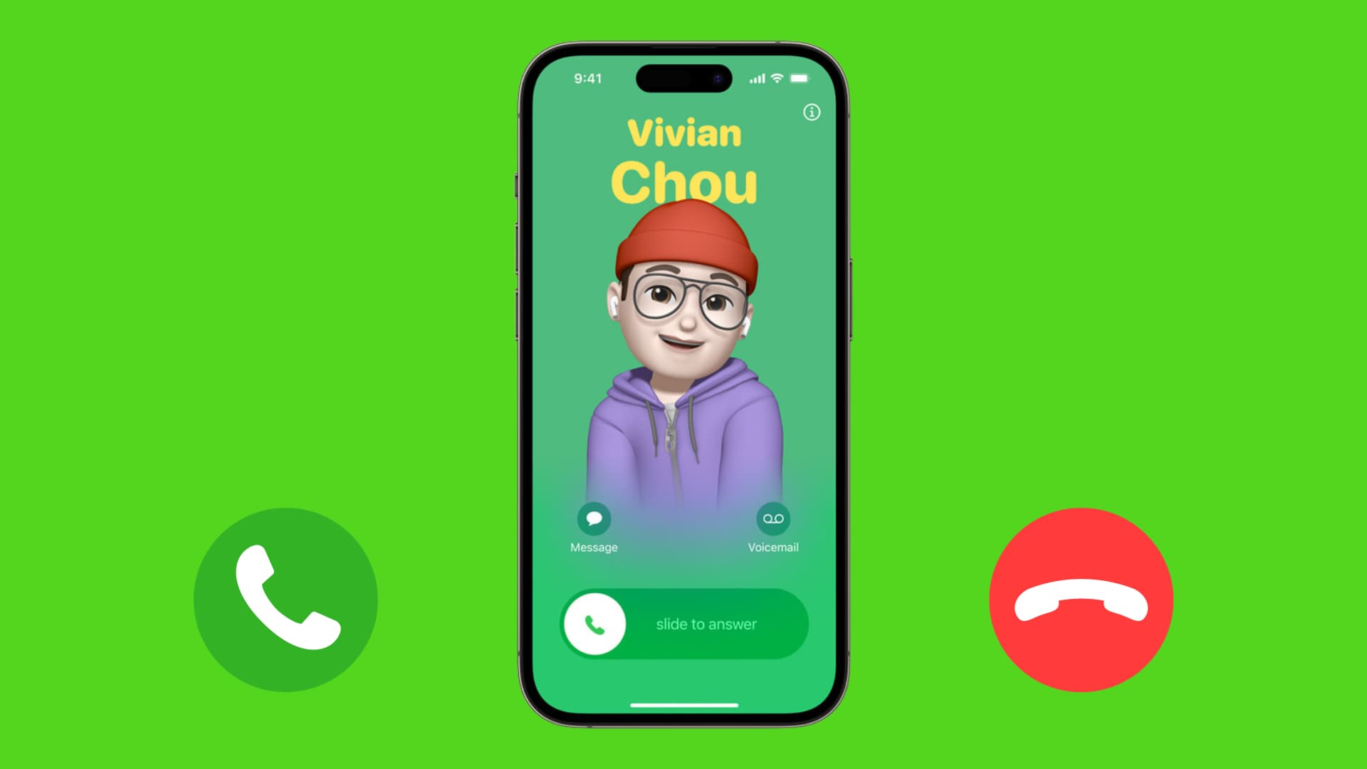 Incoming phone call on iPhone with green accept and red hang up buttons