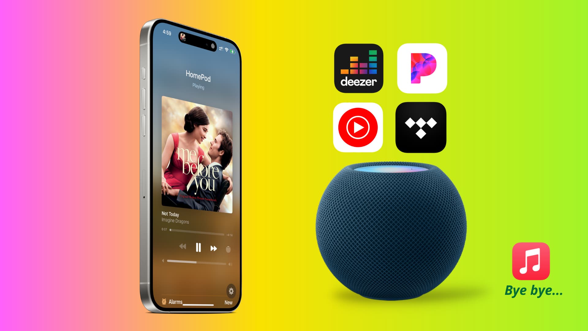 Image composition showing YouTube Music, Pandora, Tidal and Deezer as preferred music app for HomePod
