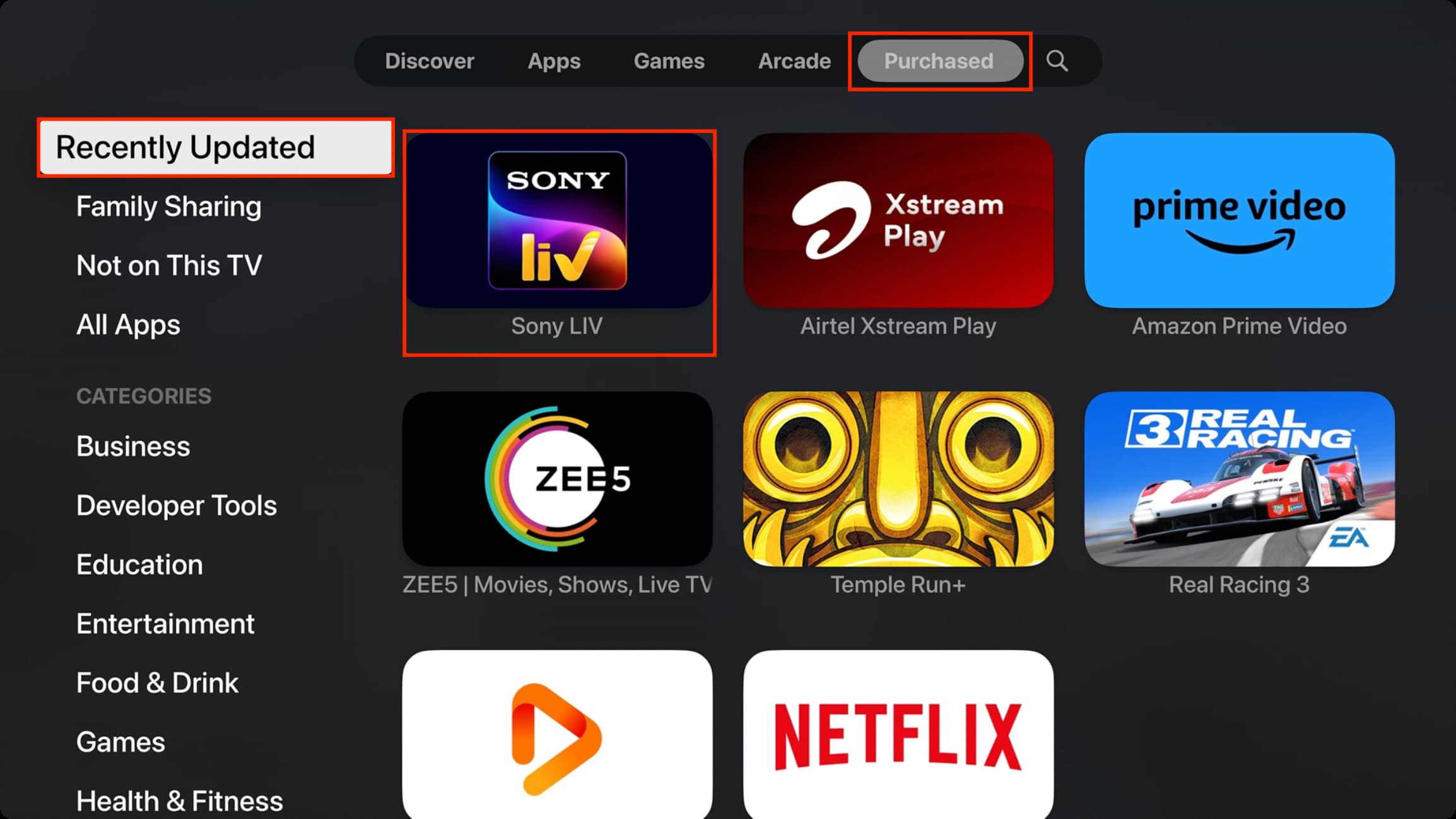 Purchased section of Apple TV App Store