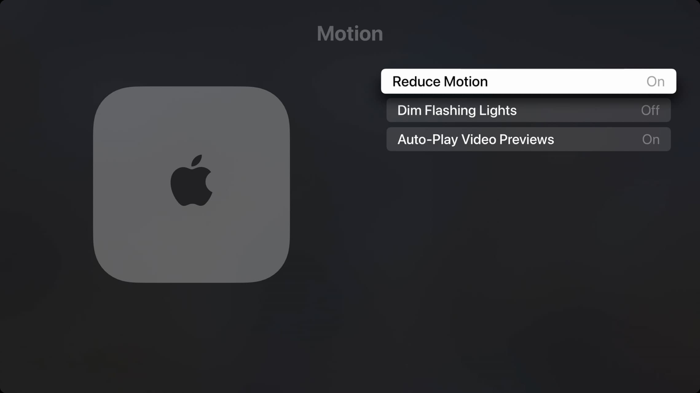 Reduce Motion switched on in Apple TV settings