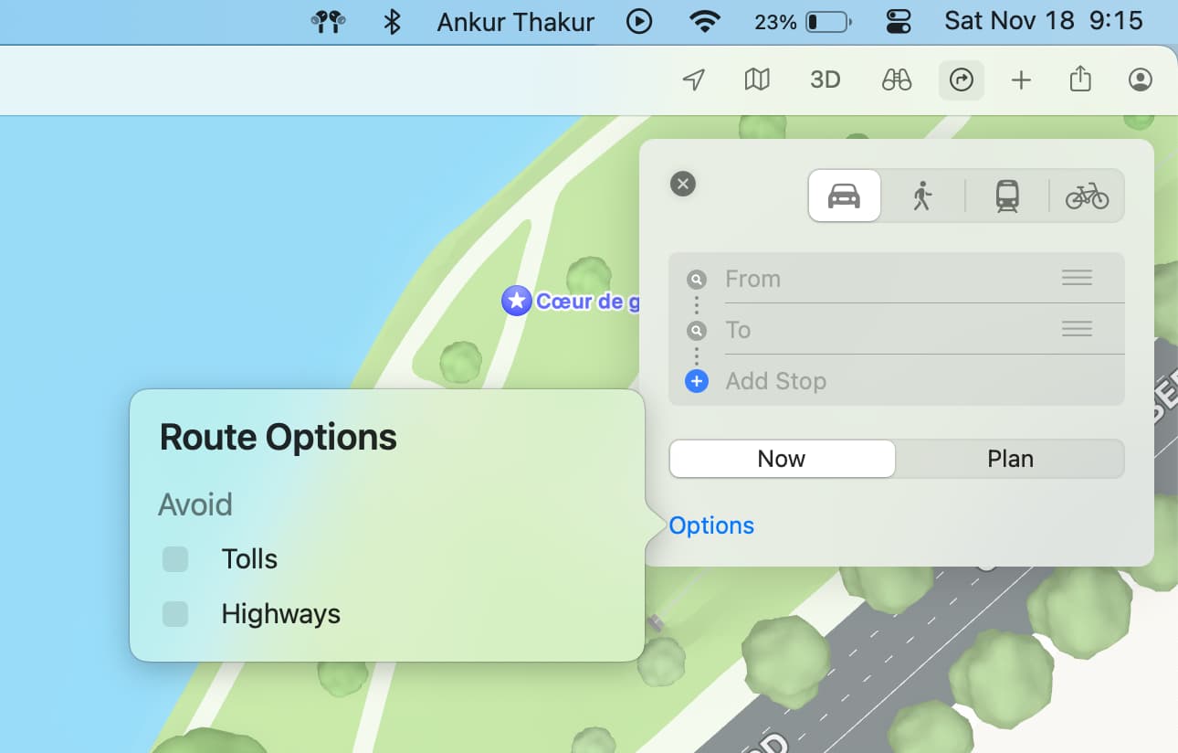 Route Options while planning a route in Apple Maps on Mac