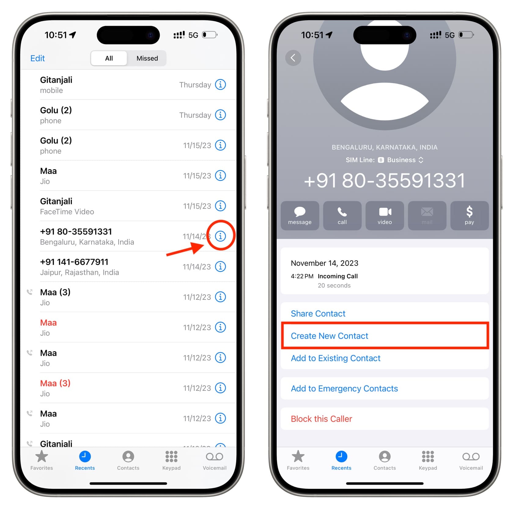 Save a recent call as new contact on iPhone