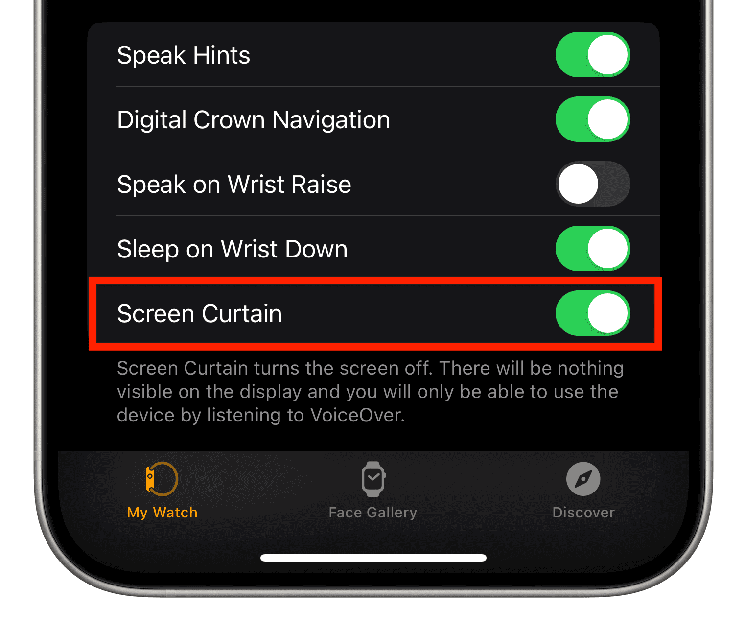 Screen Curtain option in iPhone Watch app VoiceOver