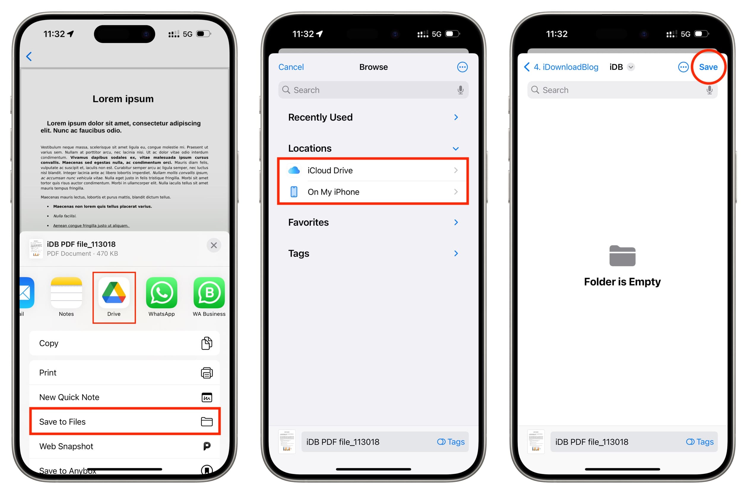 Select Save to Files iCloud Drive and hit Save to save WhatsApp PDF