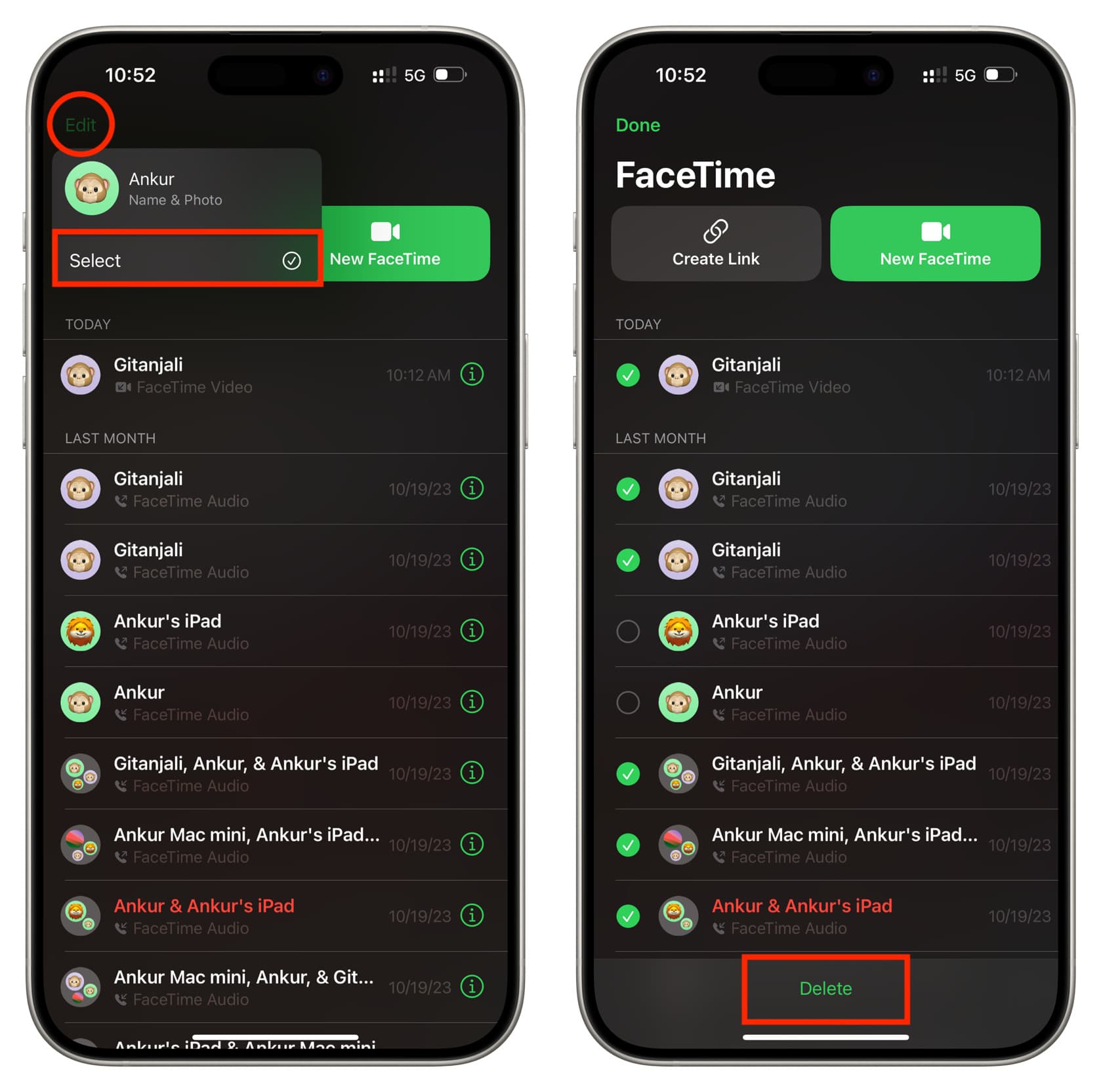 Select and delete recent calls in iPhone FaceTime app