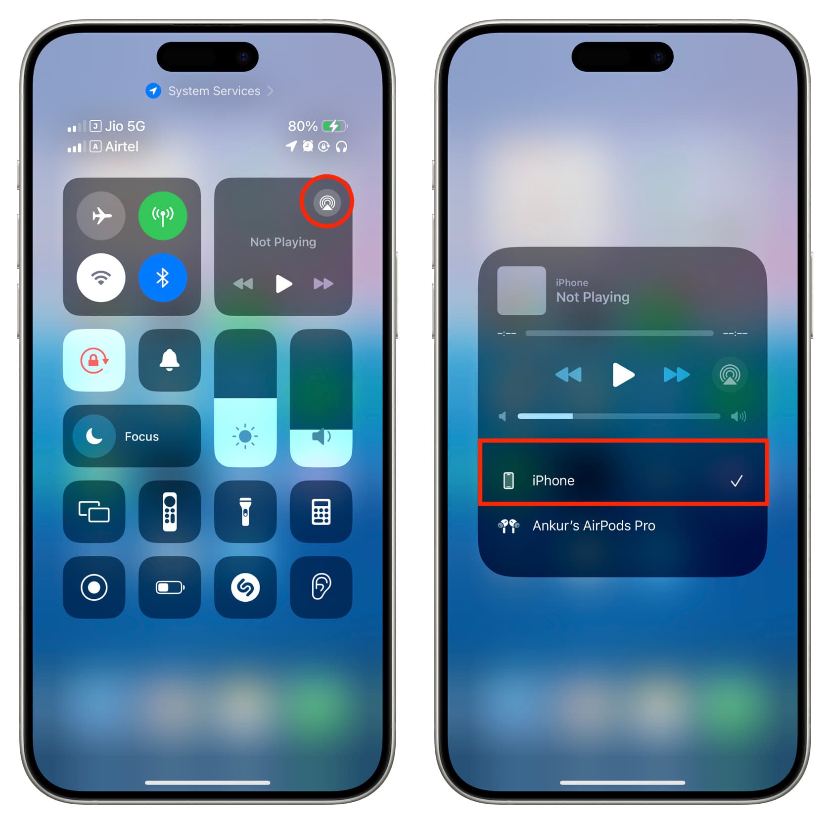 Select iPhone as sound output from Control Center