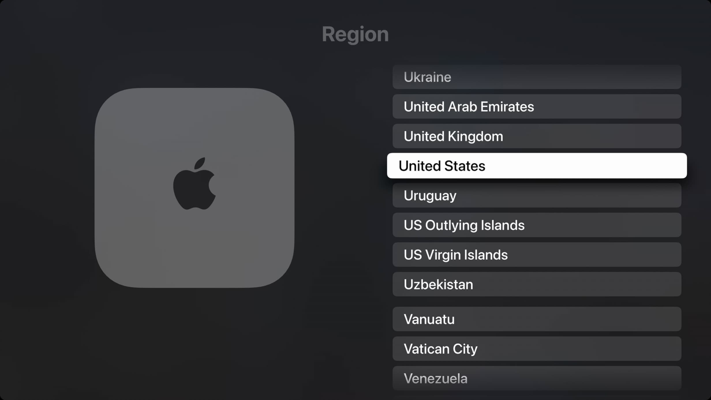 Selecting United States as Region in Apple TV Settings