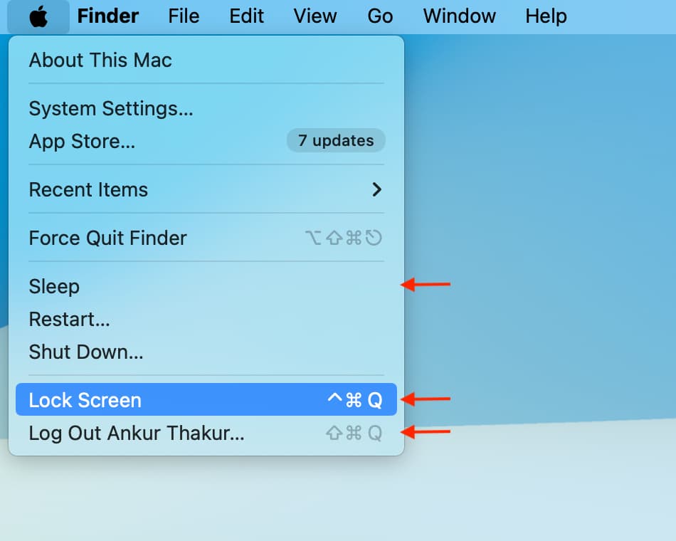 Sleep, Lock Screen, and Log Out options under Apple menu on Mac