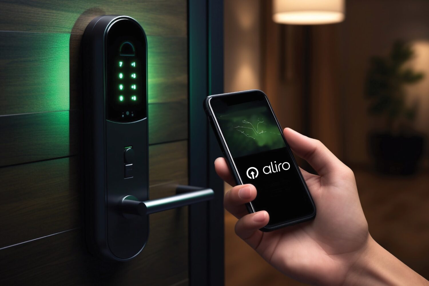Smartphone with Aliro logo on the display, held near a smart door lock