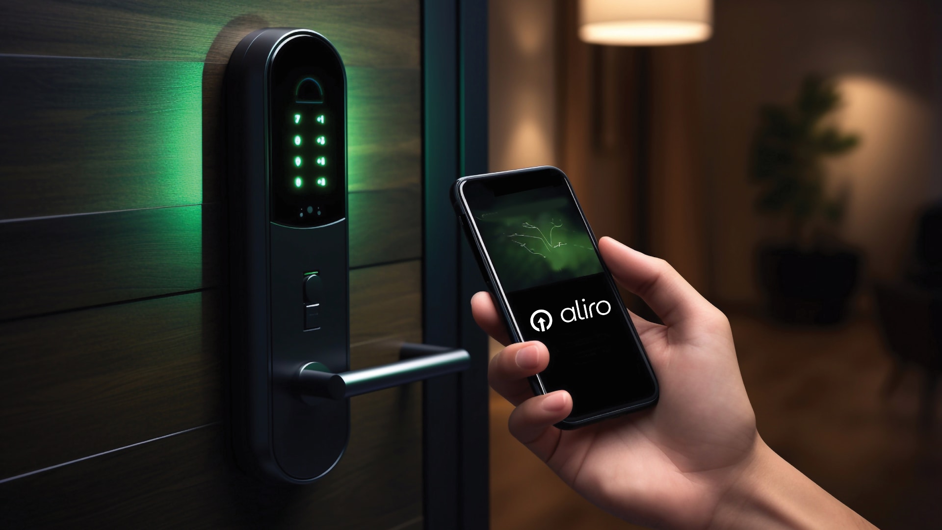 Smartphone with Aliro logo on the display, held near a smart door lock